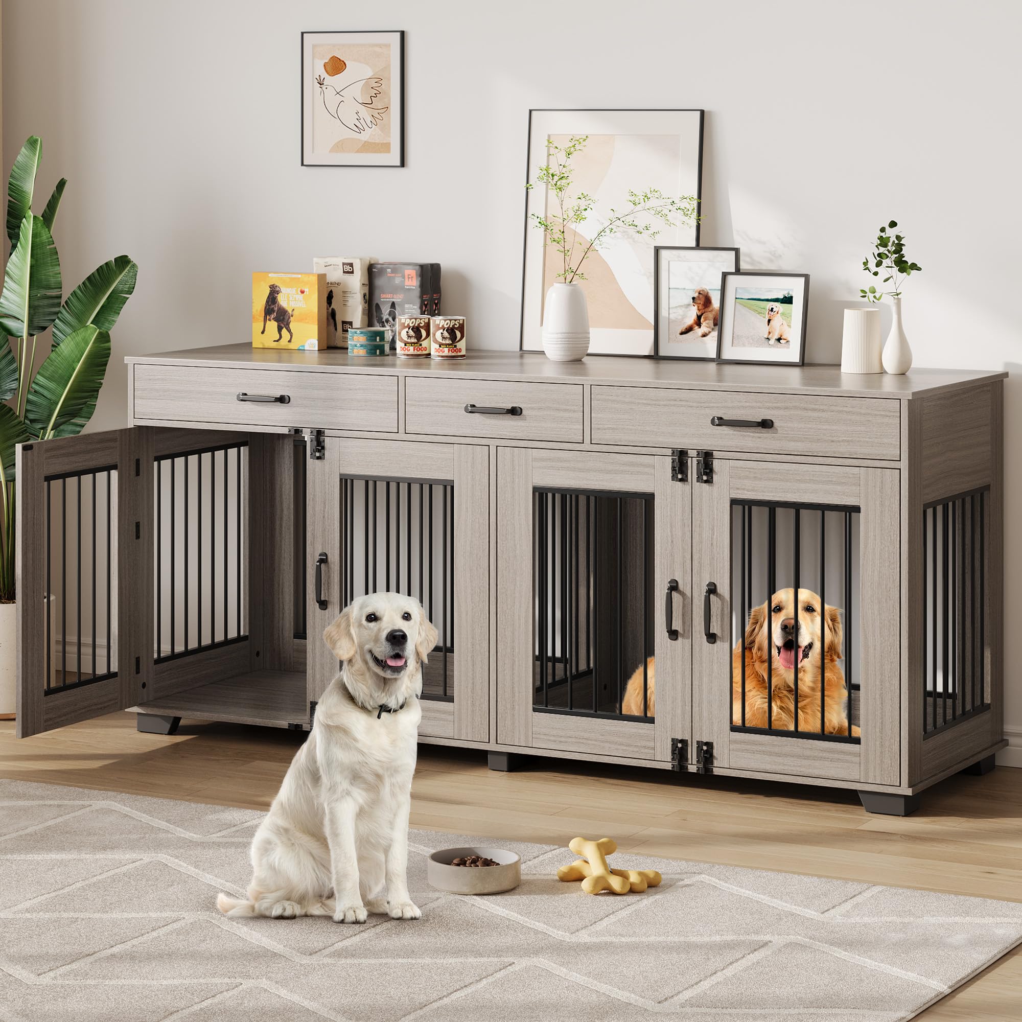 71 in Large Dog Crate Furniture for 2 Dogs with 3 Drawers, Heavy Duty Double Indoor Dog Kennel and TV Stand for Medium Large Dog