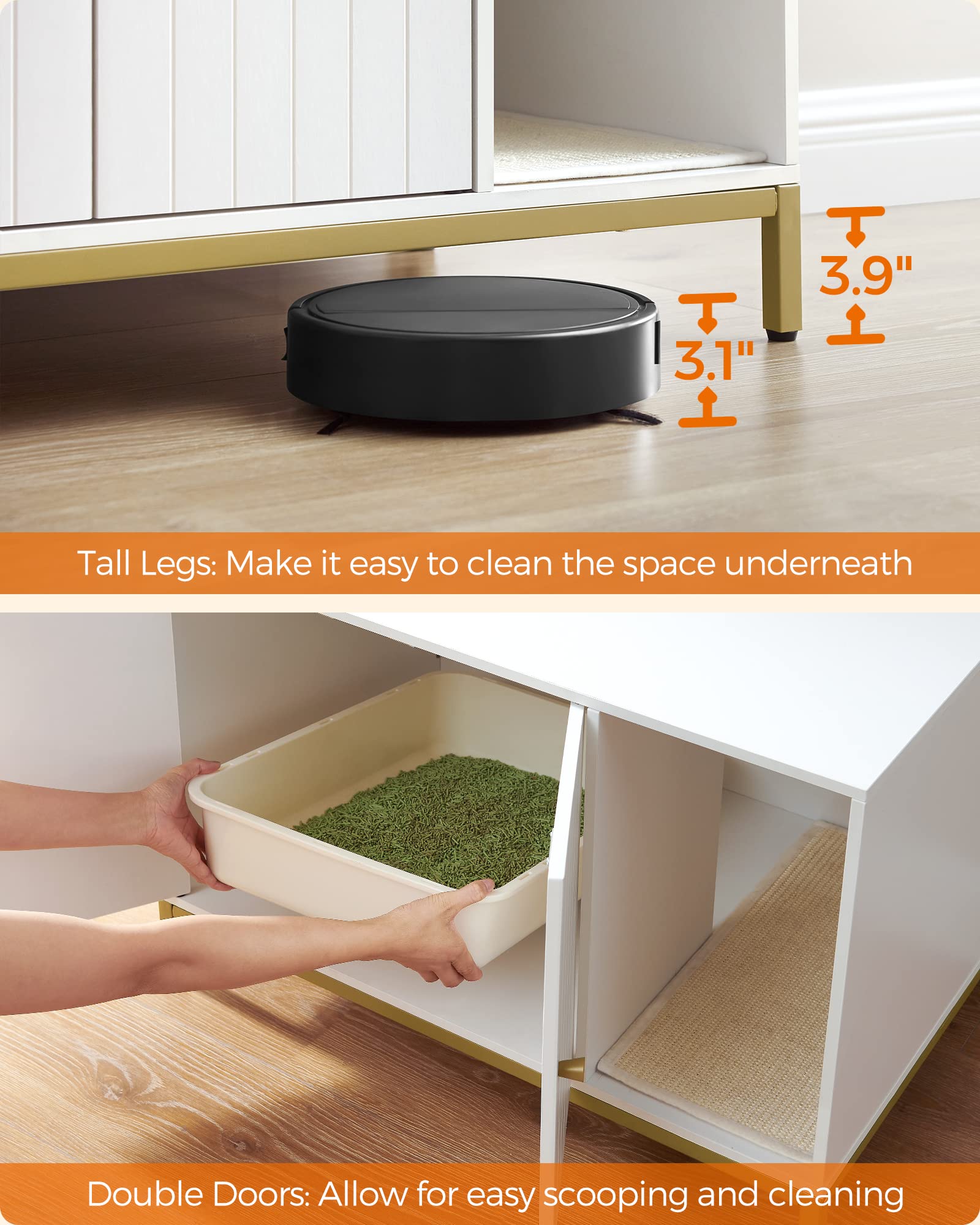 Feandrea Litter Box Enclosure, Modern Cat Litter Box Furniture With Scratching Mat, Cat House For Indoor Cats, Side End Table, 31.5 X 19.7 X 21.7 Inches, Simply White And Metallic Gold Upcl007W01