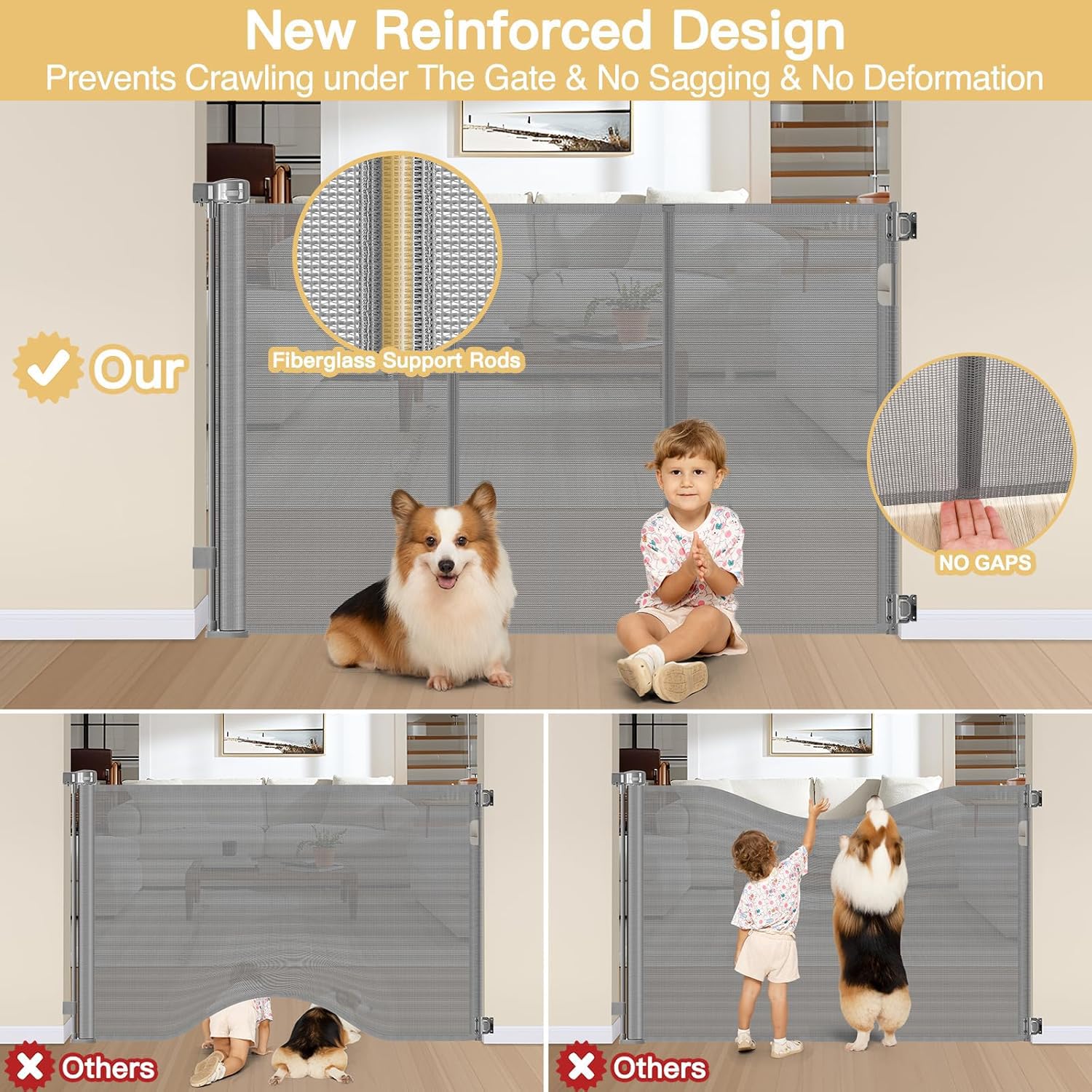 Reinforced 42 Extra Tall Baby Gate 55 Wide Retractable Dog Gate with Support Rods - Bottom Anti-Escape, Extra Tall Pet Gate Indo