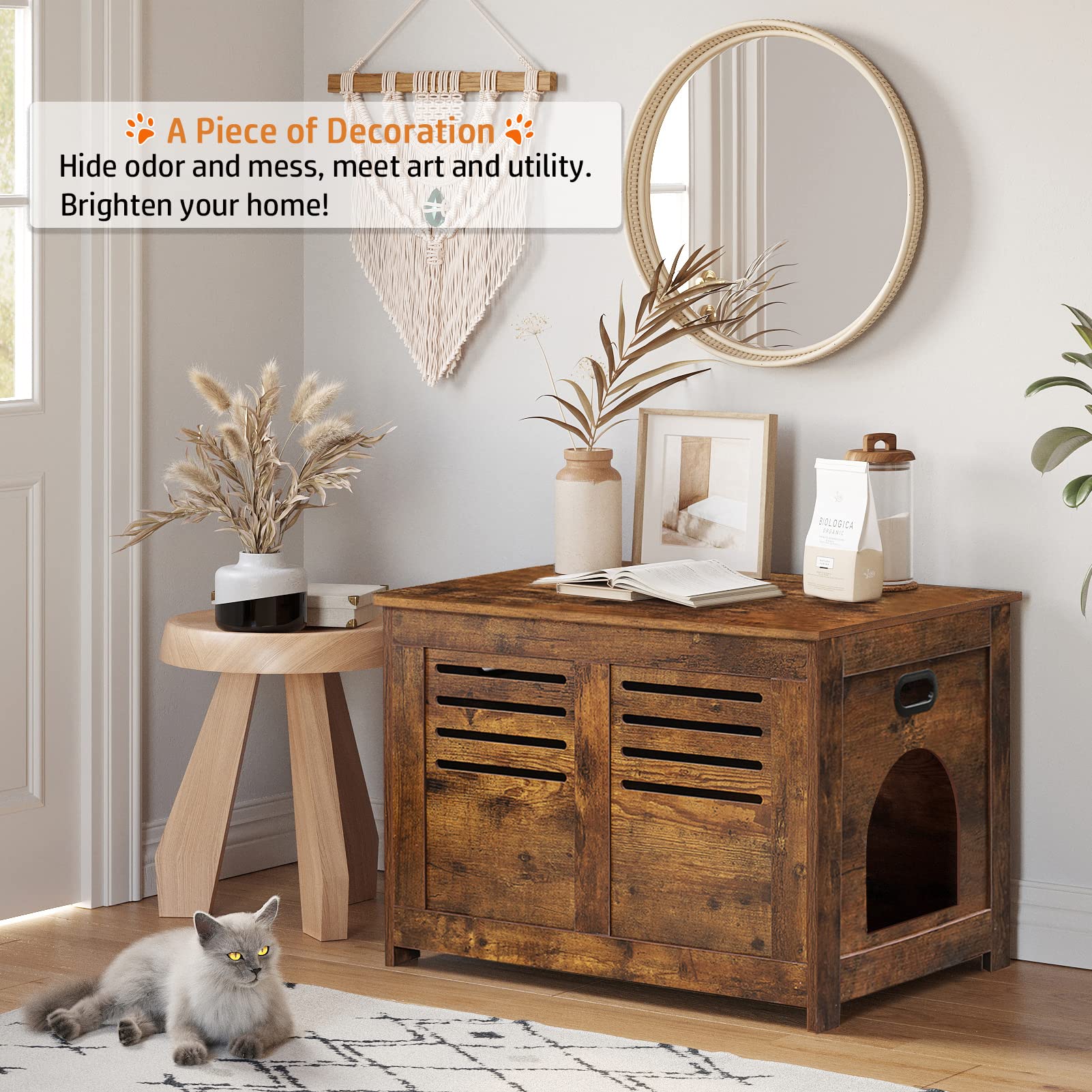 Dinzi Lvj Litter Box Furniture, Flip Top Hidden Cat Washroom With Louvered Window, Entrance Can Be On Left/Right Side, Enclosed Cat Litter House Side Table For Most Of Cat And Litter Box, Rustic Brown