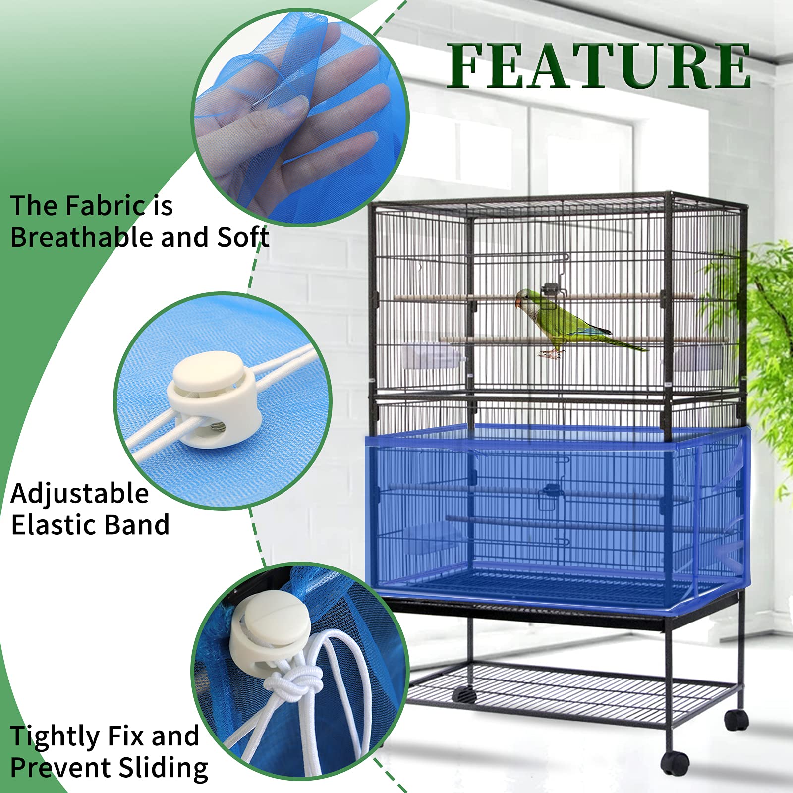 Daoeny Large Bird Cage Cover, Bird Cage Seed Catcher, Adjustable Soft Airy Nylon Mesh Net, Birdcage Cover Skirt Seed Guard For Parrot Parakeet Macaw African Round Square Cages (Blue)