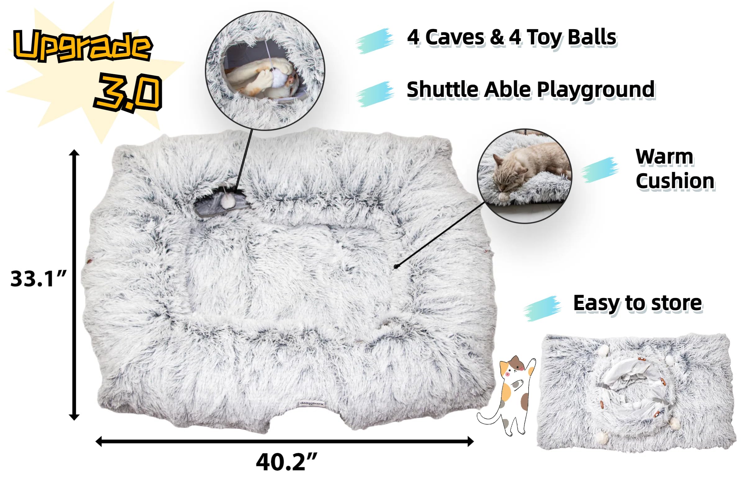 XxingSheep 4 Cave Shuttled XL Cat Tunnel Bed for Indoor Cats Peekaboo Toy Donut with Warm Mat