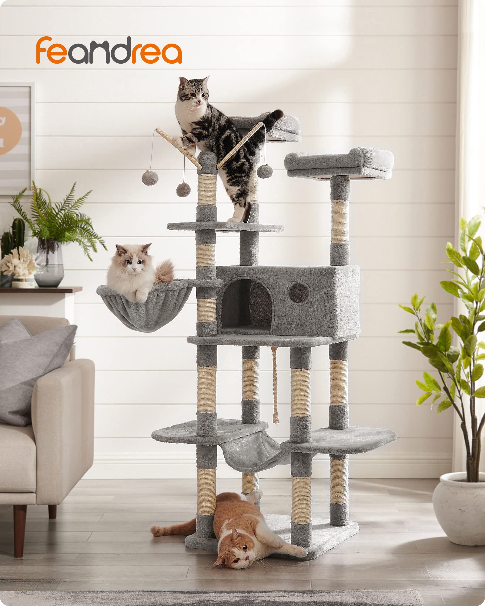 Feandrea Cat Tree, Large Cat Tower, 64.6 Inches, Cat Activity Center With Hammock, Basket, Removable Fur Ball Sticks, Cat Condo,