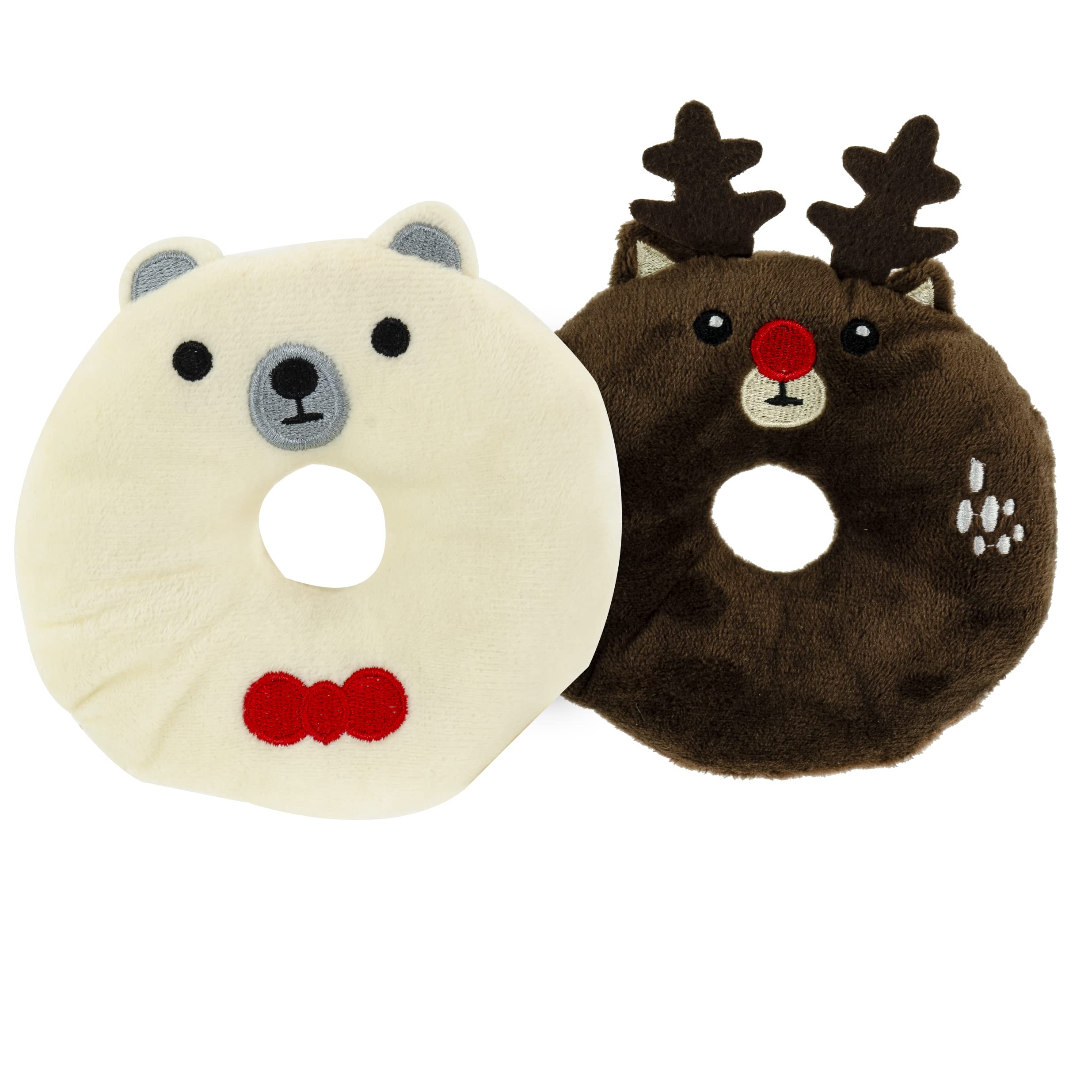 Giftable World Holiday Plush Pet Toy Fun For Christmas Designs With Squeaker Dog Chew Toy (4'' Polar Bear & Reindeer Donut 2 Pcs
