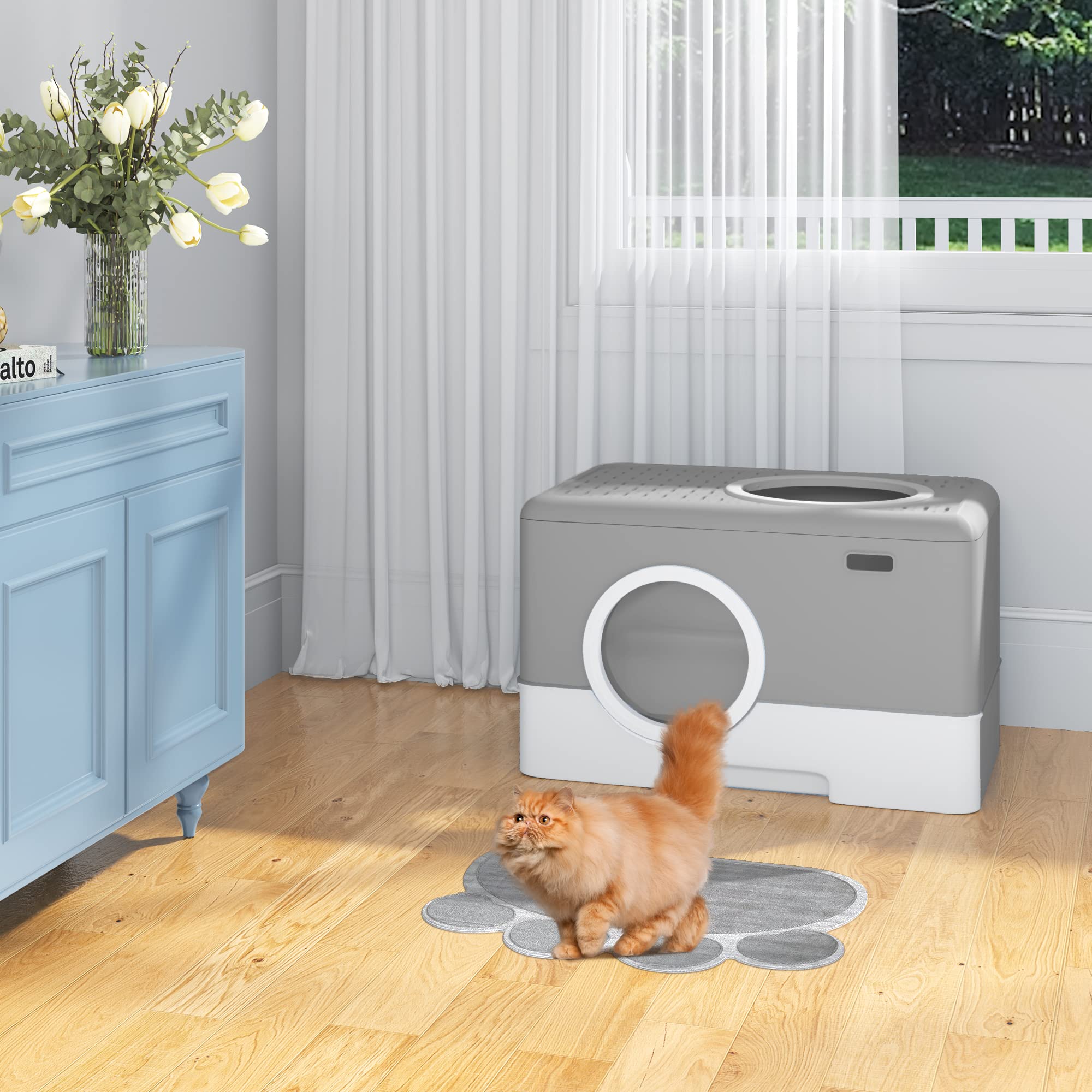 Yitahome Large Enclosed Cat Litter Box With Lid Cover, Hooded Odorless Anti-Splashing Cat Toilet With Drawer Litter Scoop Front Entry Top Exit Door, Easy To Install And Clean