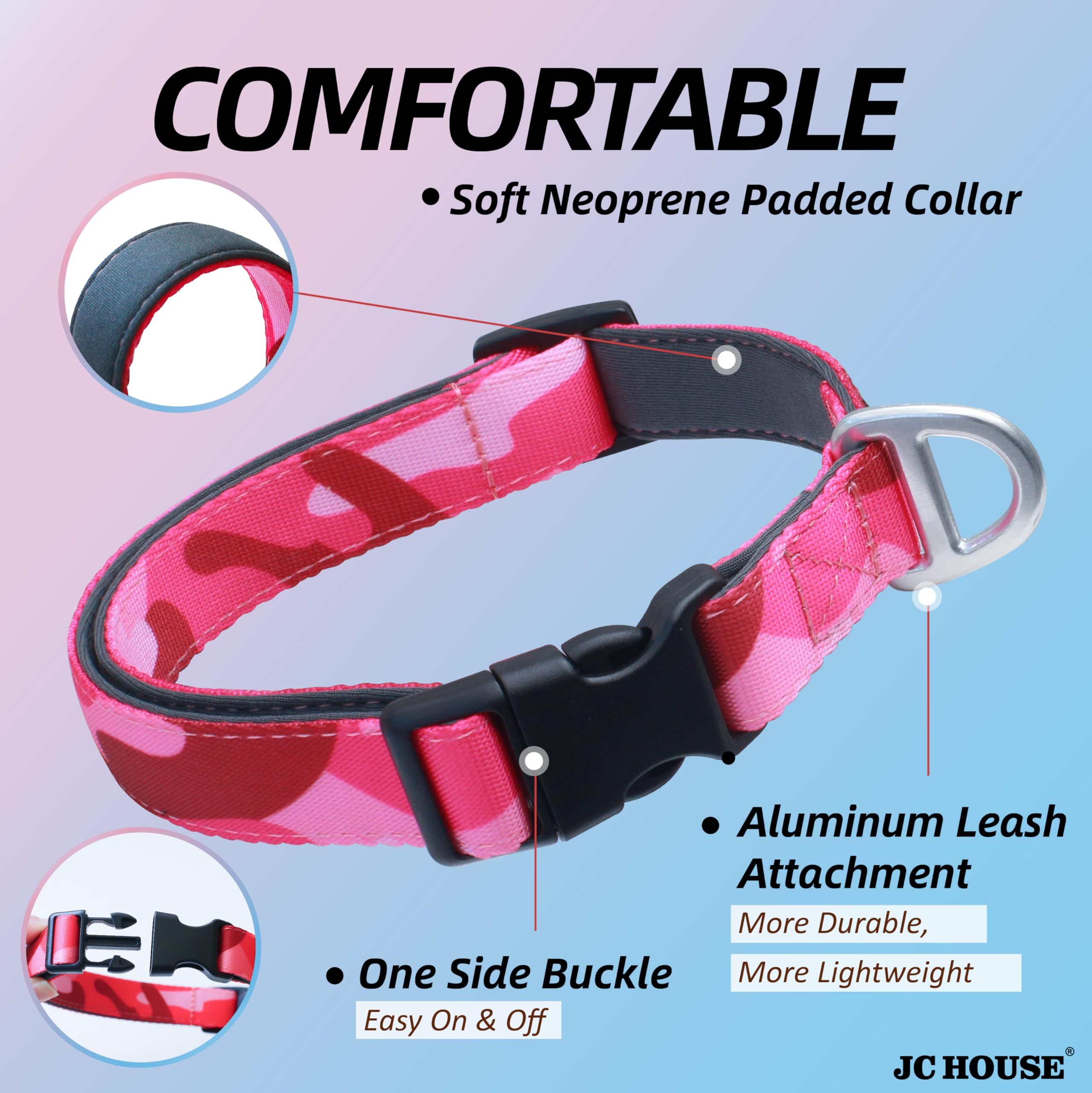 Jc House Soft Padded Dog Collar, Neck 9-14, Adjustable Heavy Duty Collar With 3M Reflective Logo For Small Dogs, Camo Pink, S