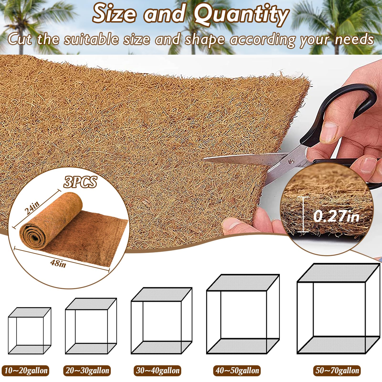 ZeeDix 3 Rolls Coconut Fiber Reptile Substrate Mat, 24 x 48 inches Natural Coco Mat Reptile Carpet Coco Fiber Liner Turtle Beddi