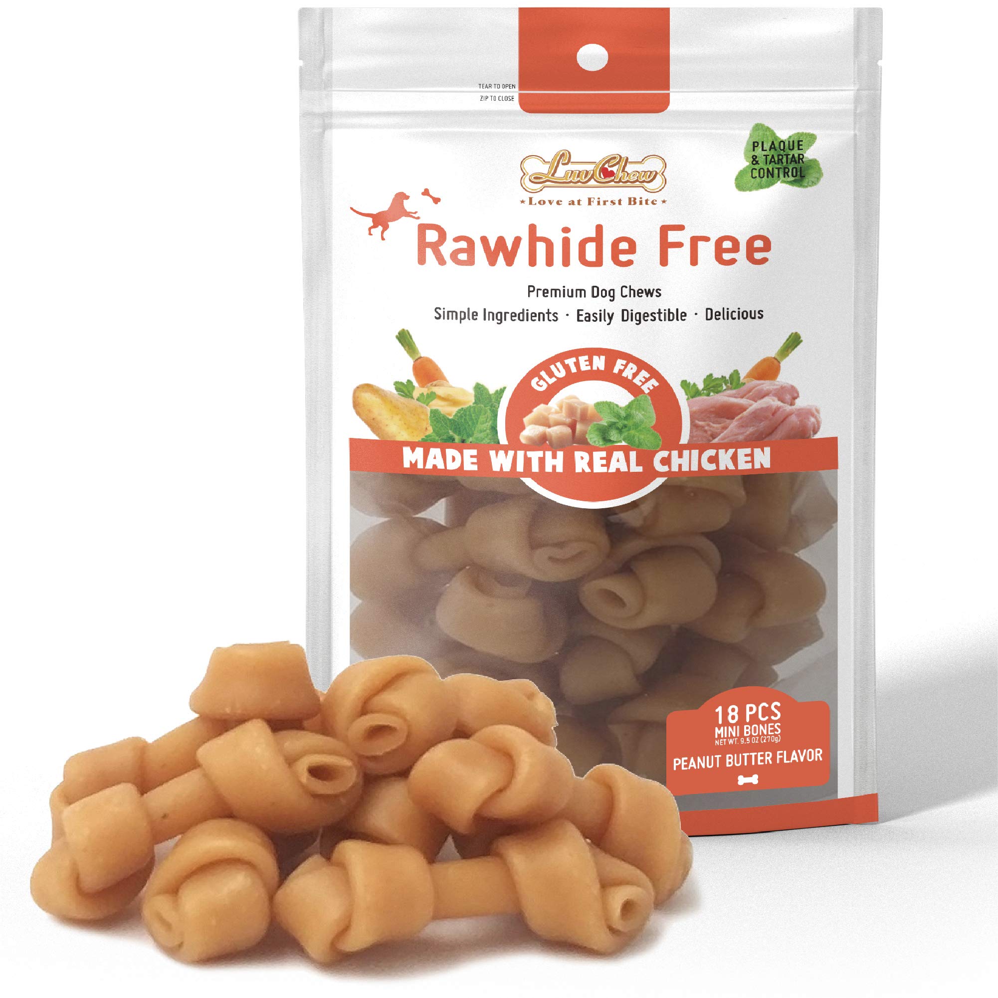 LuvChew Premium Peanut Butter Dog Chew Bones, Rawhide Free, Gluten Free, Made with Limited Ingredients, Delicious, Healthy, High