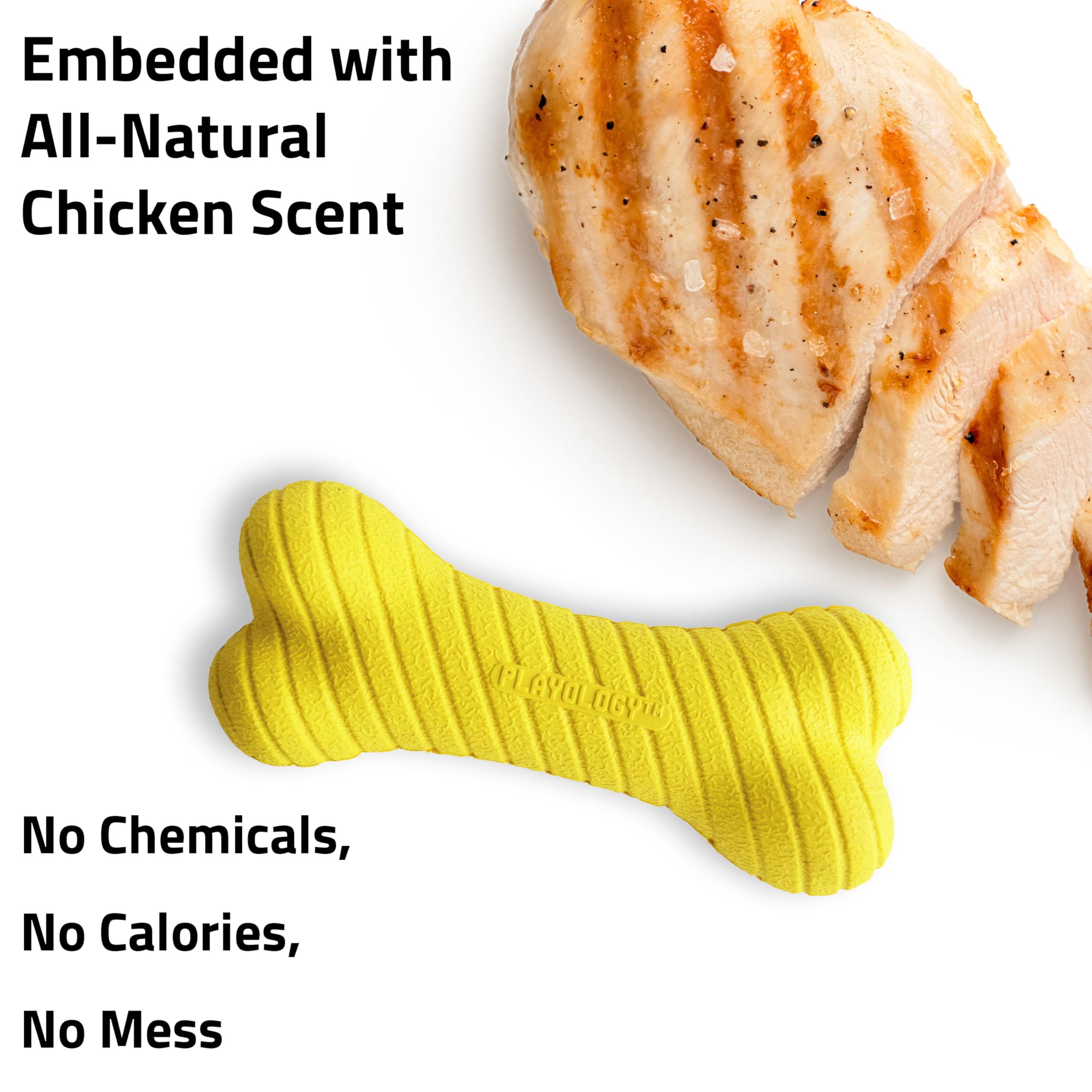 Playology Dual Layer Bone | Engaging All Natural Chicken Scented Dog Toy, Yellow Bone For Medium Dogs Up To 50Lbs | Interactive & Durable For Tough Chewers