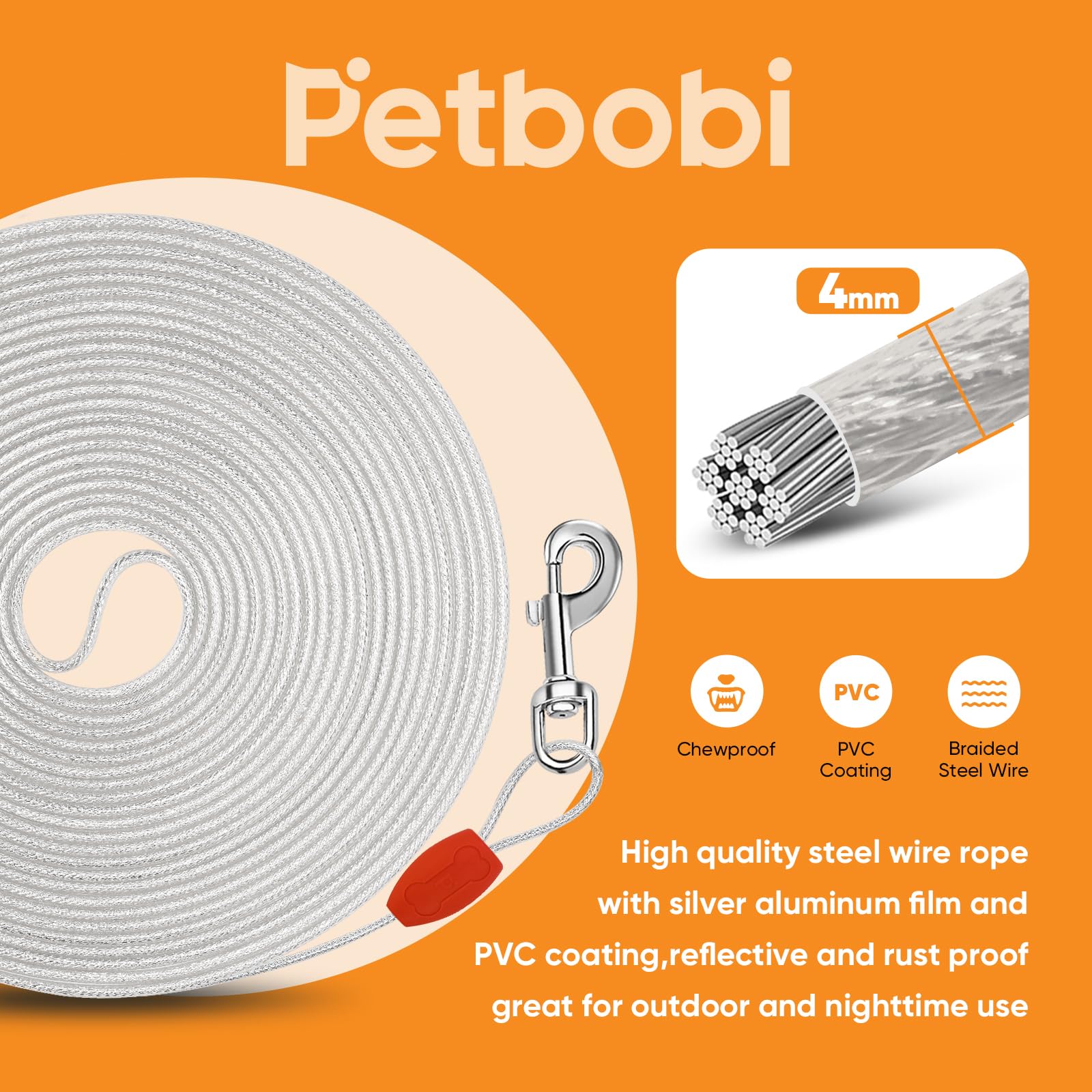Petbobi Dog Tie-Out Cable 40Ft - Outdoor Leash 4Mm Metal Cable With Shock Absorbing Spring 360 Swivel Clips, Chain For Dogs Yard
