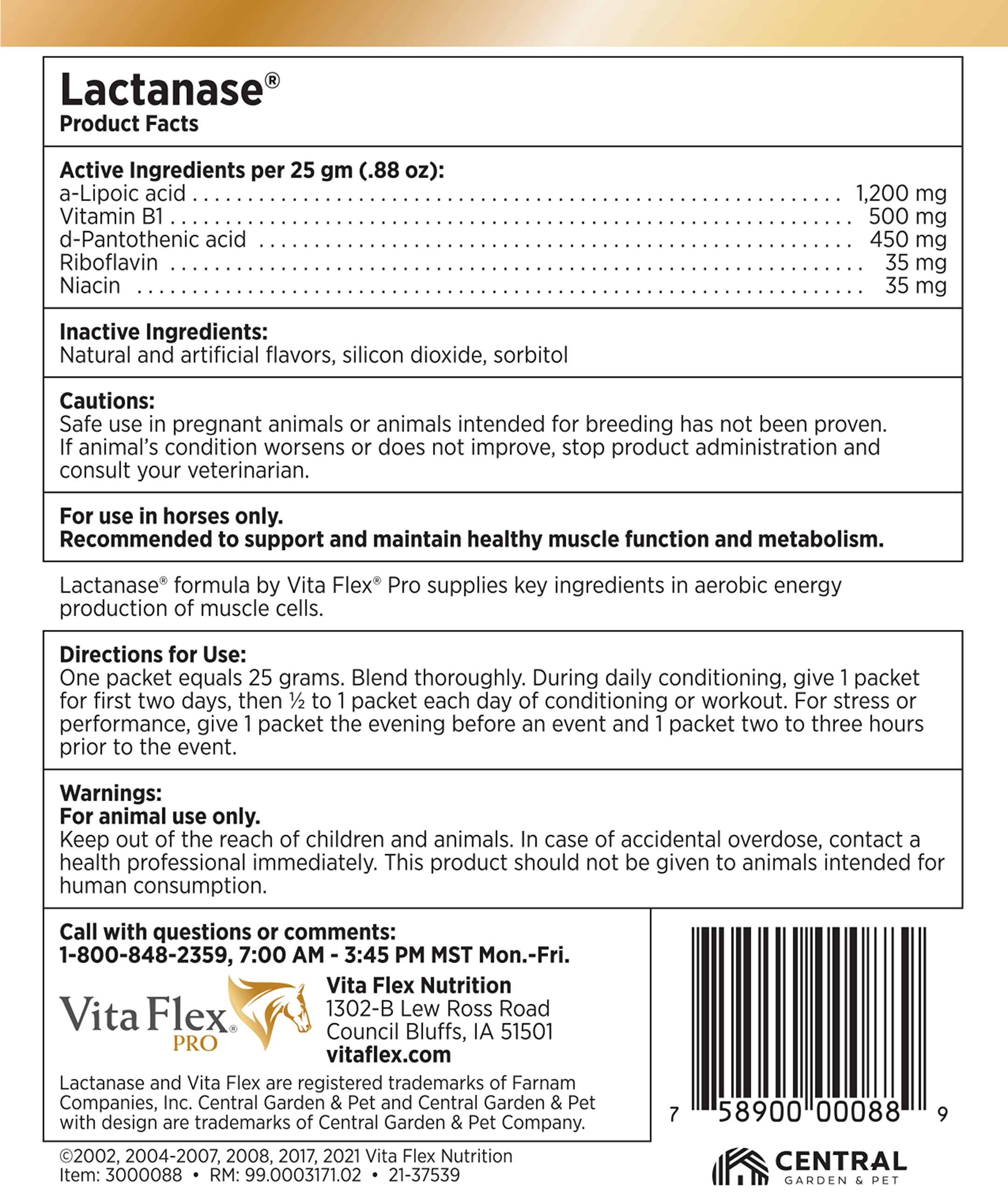 Vita Flex Pro Horse Lactanase Pre Performance Supplement, Show Safe, Single Serve Packet