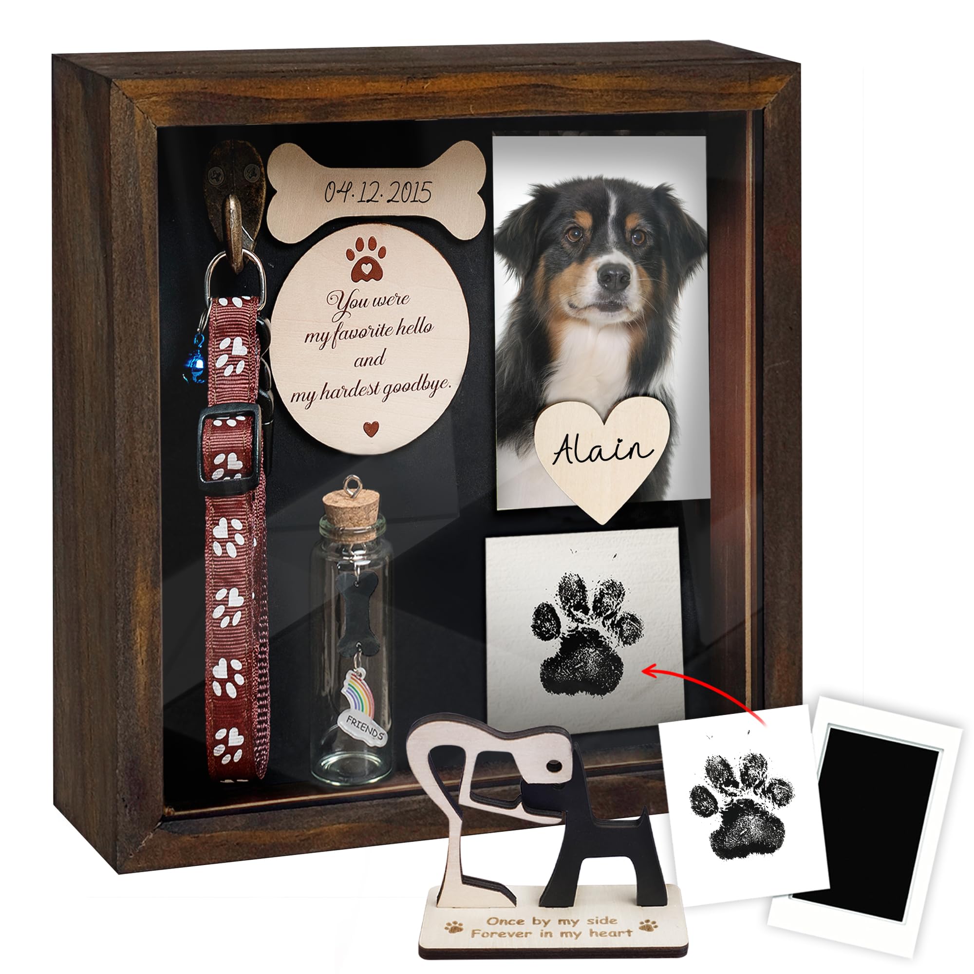 8.6'' Pet Shadow Box Memorial Gift Rustic Collar Holder Picture Frame Paw Print Kit Dog Wooden Sculpture Pet Ashes Fur Jar Rainb