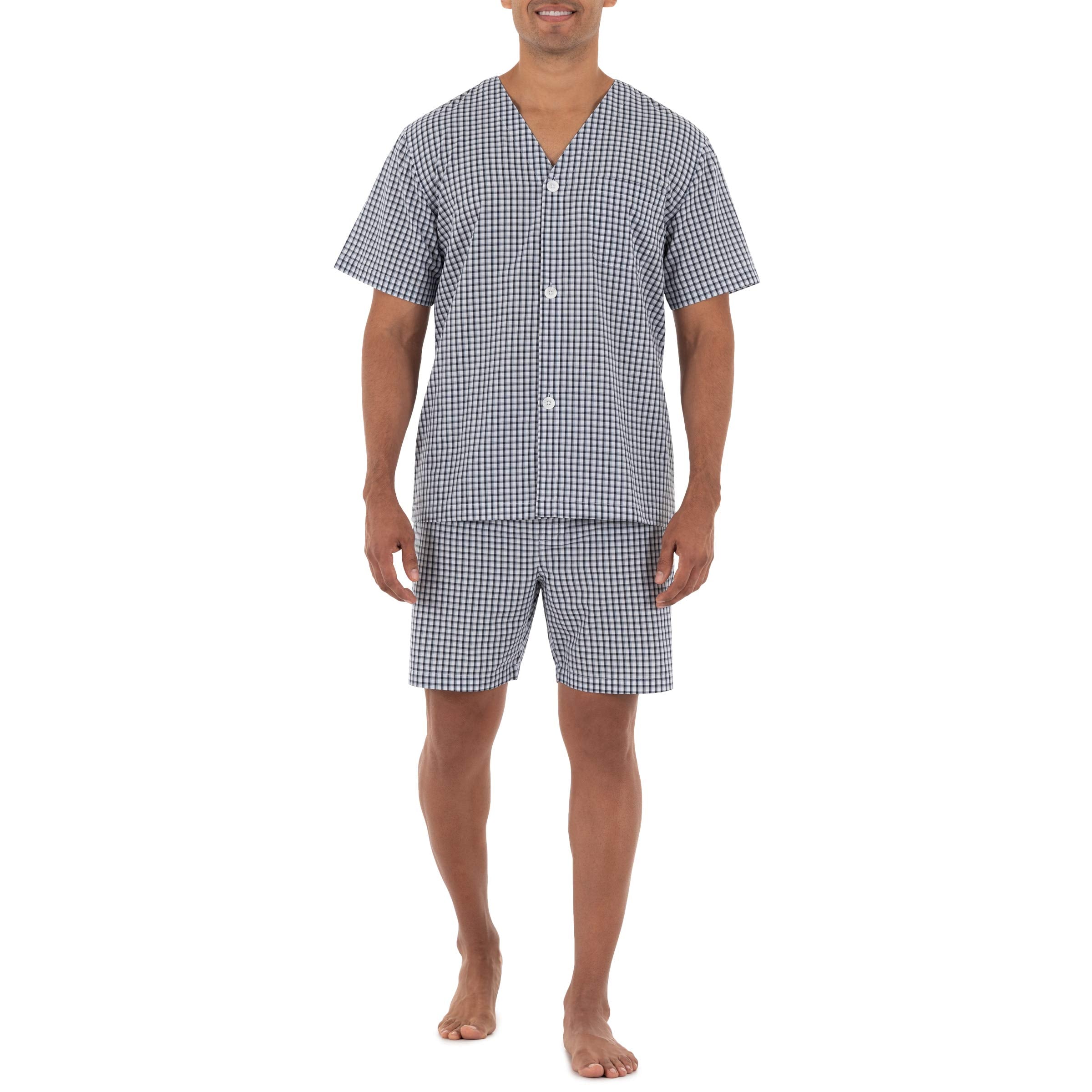 Fruit of the Loom Mens Broadcloth Short Sleeve Pajama Set, Navy check, Medium