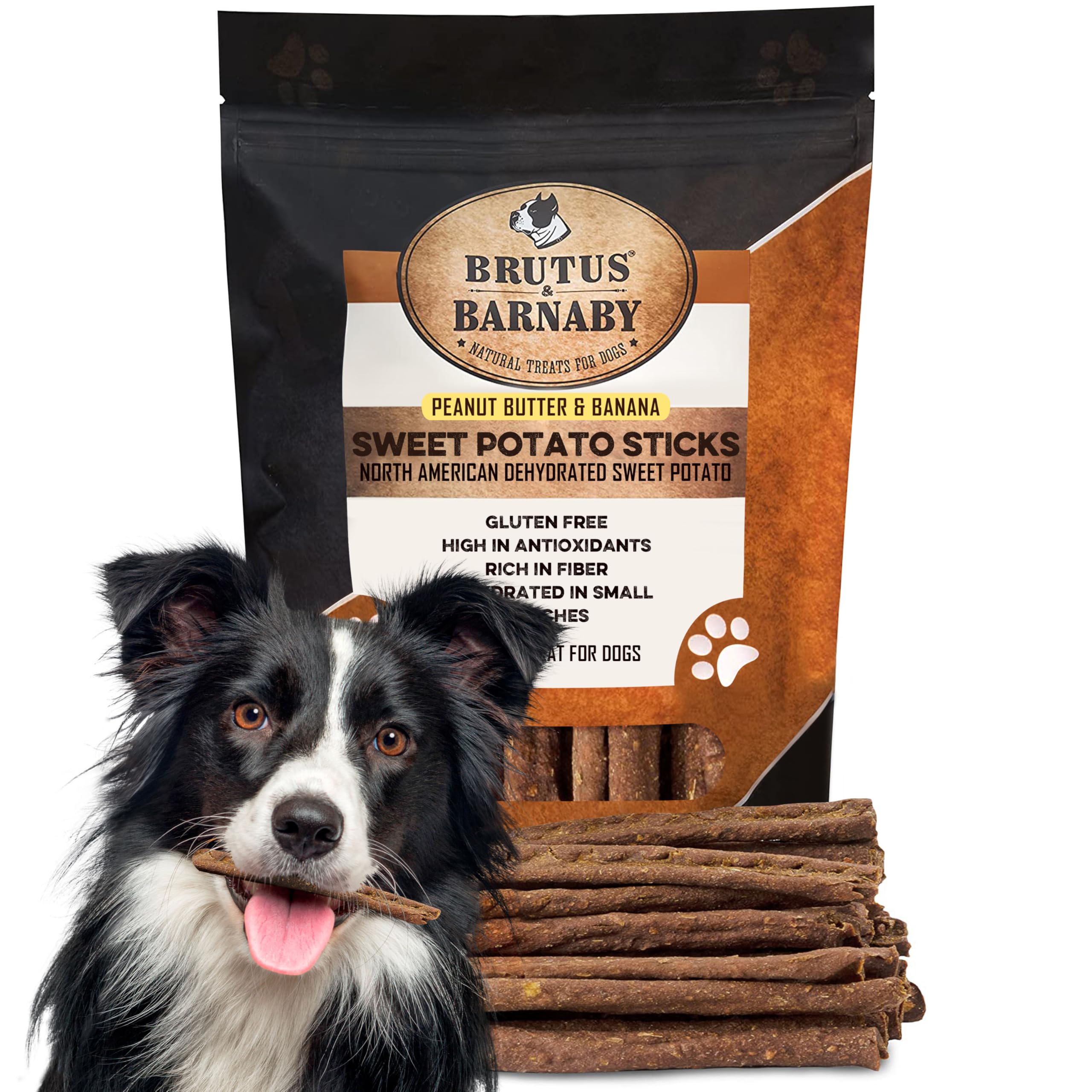 BRUTUS & BARNABY USA Sweet Potato Dog Treats - Grain Free, Peanut Butter Crunchy Sticks are Great Tasting, Promotes Positive Dog