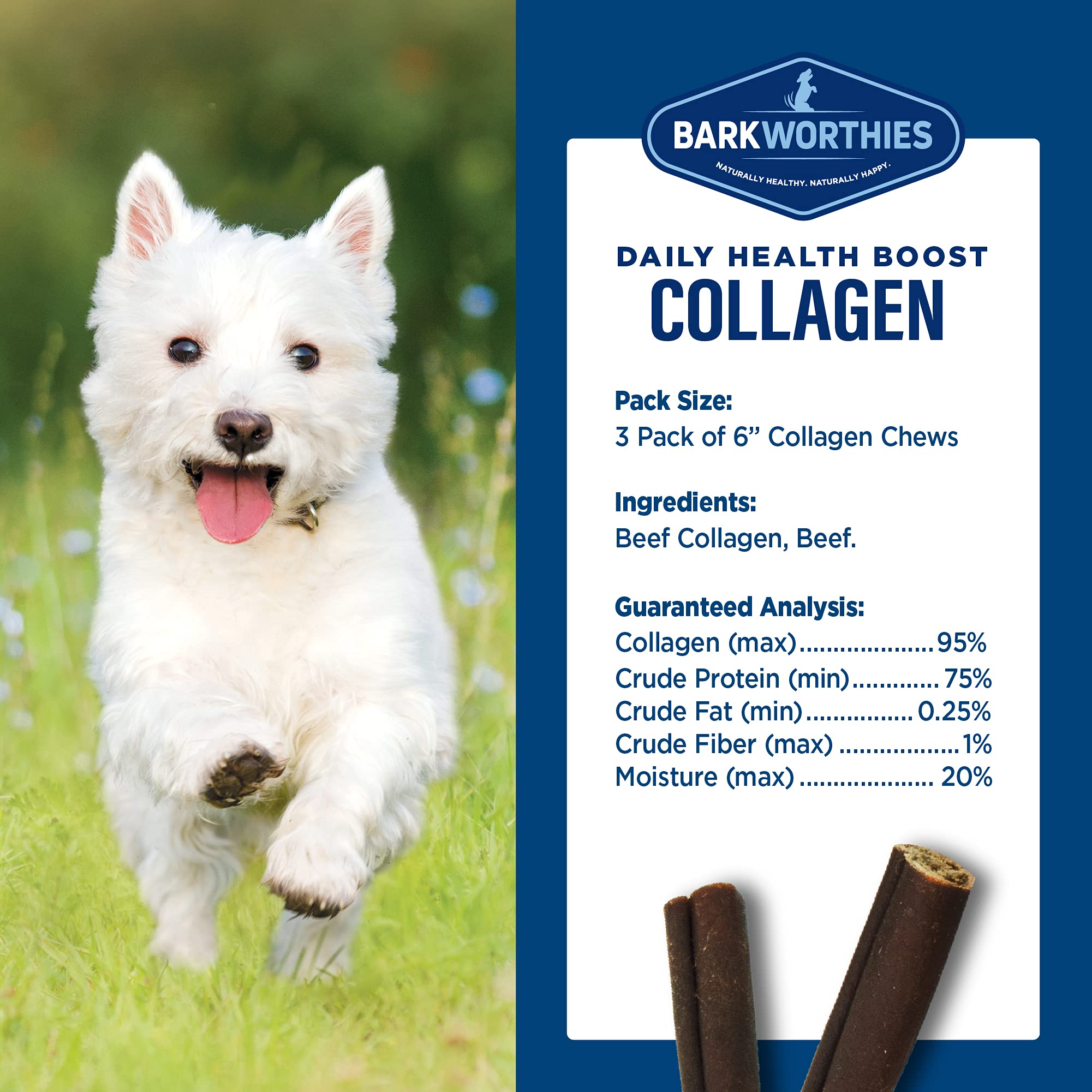 Barkworthies Collagen Sticks (6-Inch, 3-Count) - Great Tasting, Highly Digestible, Single Ingredient, Dog Chew