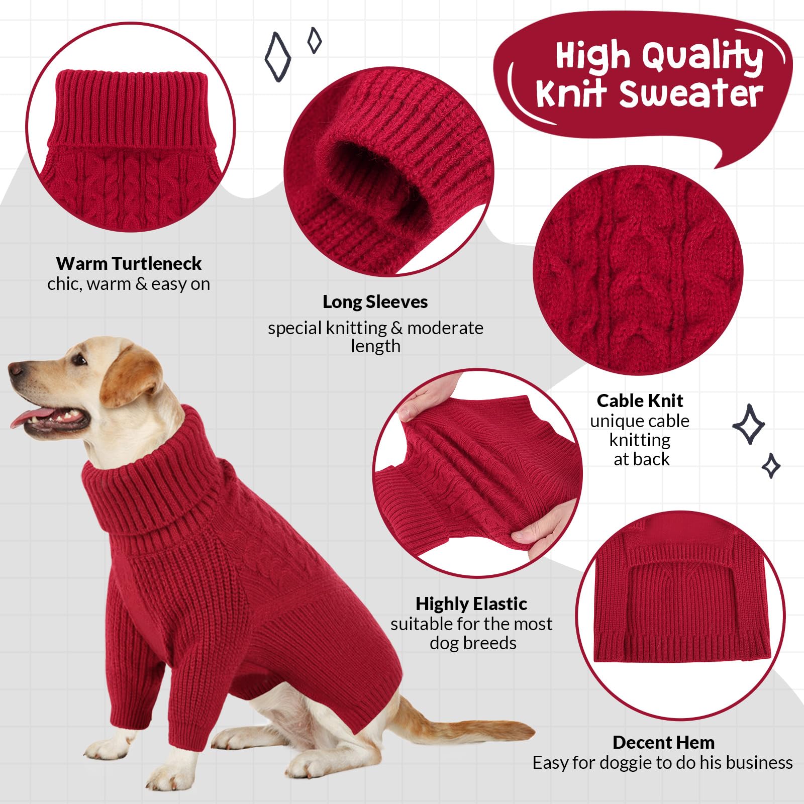 Queenmore Puppy Sweaters - Warm Winter Or Fall Dog Sweaters ( Solid Turtleneck Knit, Red ) For Dog Girls & Boys, Small To Large
