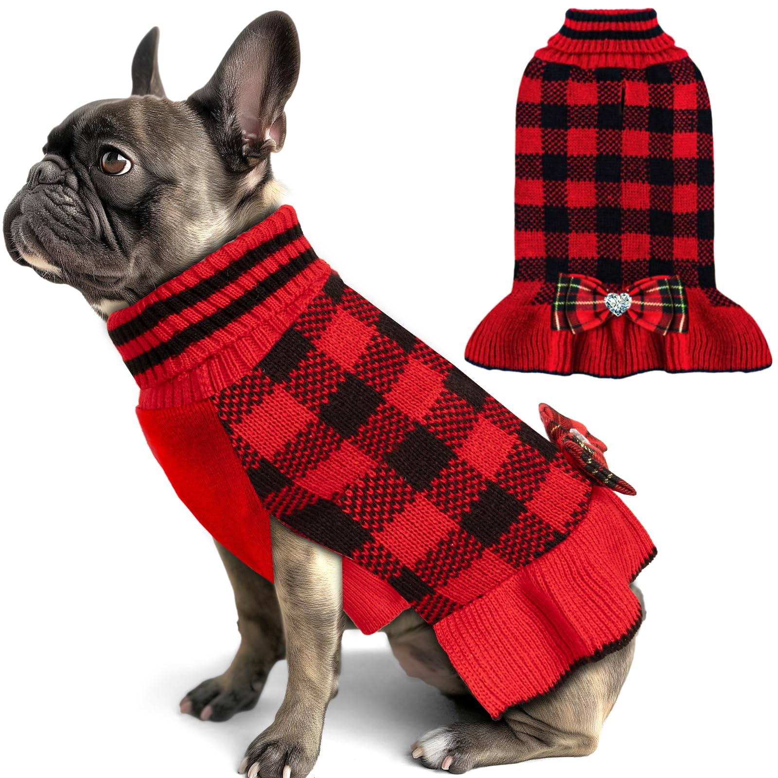 Kyeese Christmas Dog Sweaters Dress For Small Medium Dogs With Leash Hole Checkered Dog Sweaters Turtleneck With Bowtie Dog Apparel For Winter