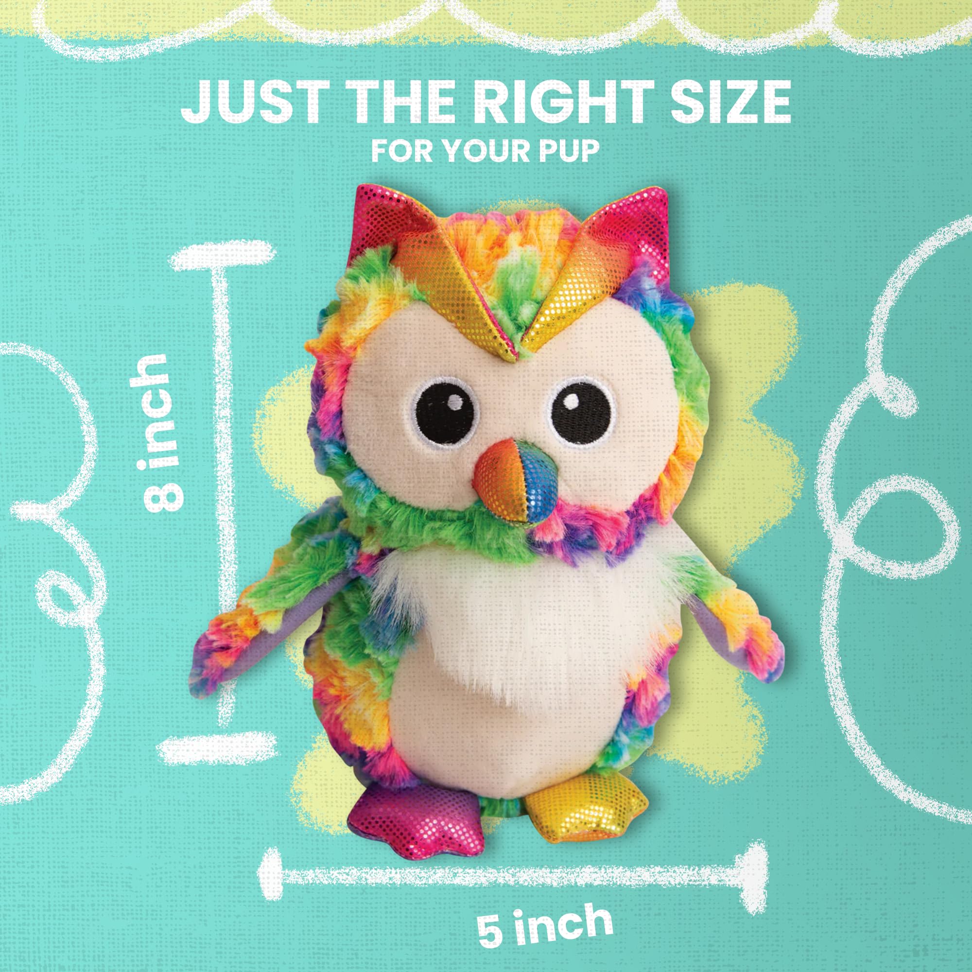 Snugarooz Hootie The Owl Plush Toy With Repair Patch - Crinkle Sounds Sparkly Rainbow Feathers - With Repair Patch - For Medium-Sized Dog