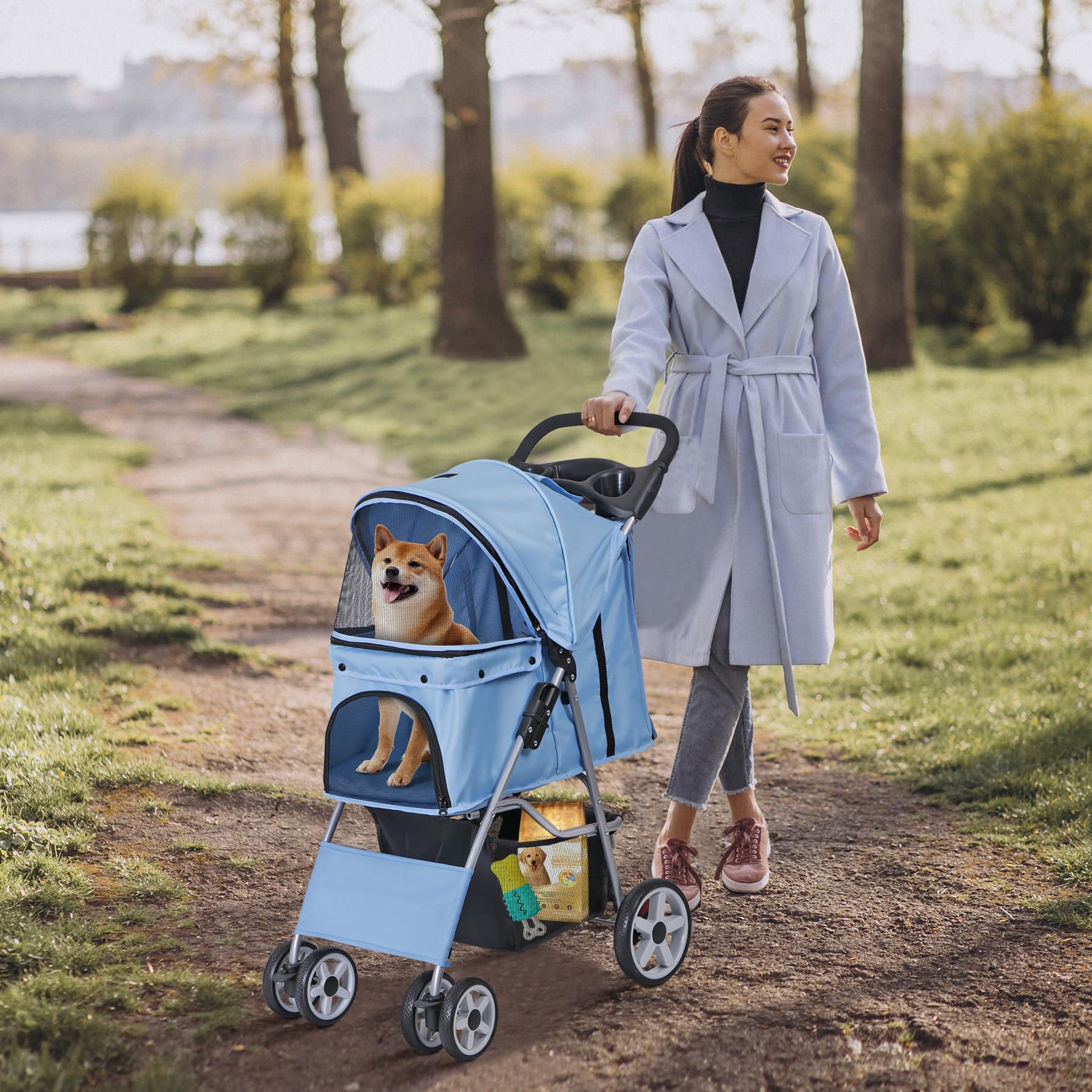 Lemy Folding Pet Stroller, 4 Wheels Dog Cat Stroller With Storage Basket&Cup Holder, Dog Cat Cage Jogger Stroller For Small Medi