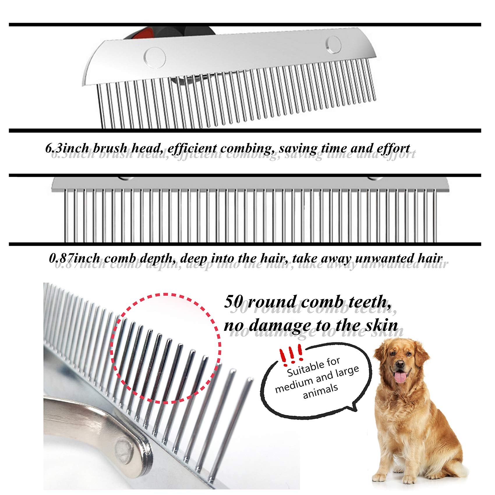 Dog Brushes For Grooming Large Dogs, Long Hair Dog Rake Pet Comb Pet Grooming Brush With Anti-Slip Handle, Steel Comb For Golden Retriever Husky German Shepherd