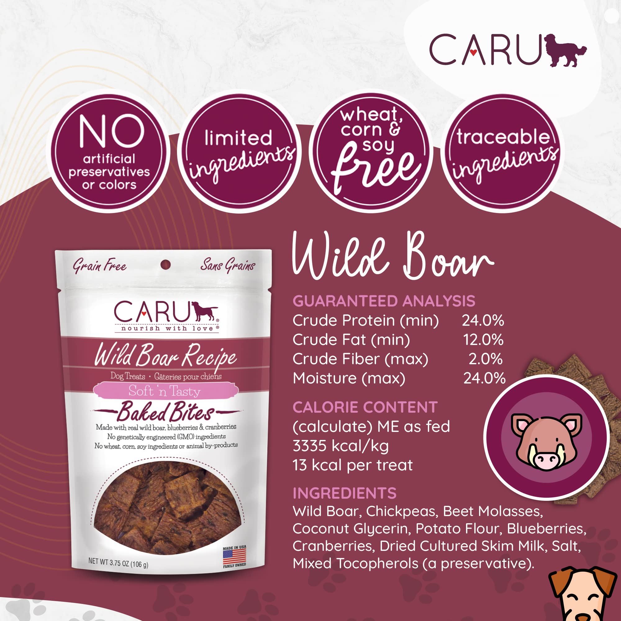 CARU - Soft n Tasty Baked Bites - Wild Boar Bites Dog Treats - Flavorful Training Treats - 3.75 oz.