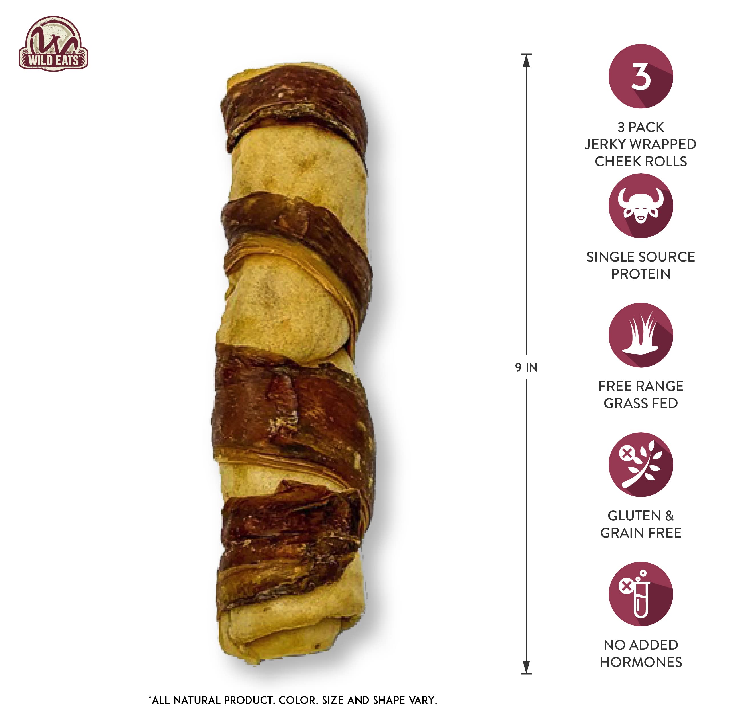 Wild Eats Water Buffalo Retriever 9 Inch Cheek Roll Dog Chews - 3 Pack (Healthy Alternative for Beef Rawhide for Dogs, Natural D