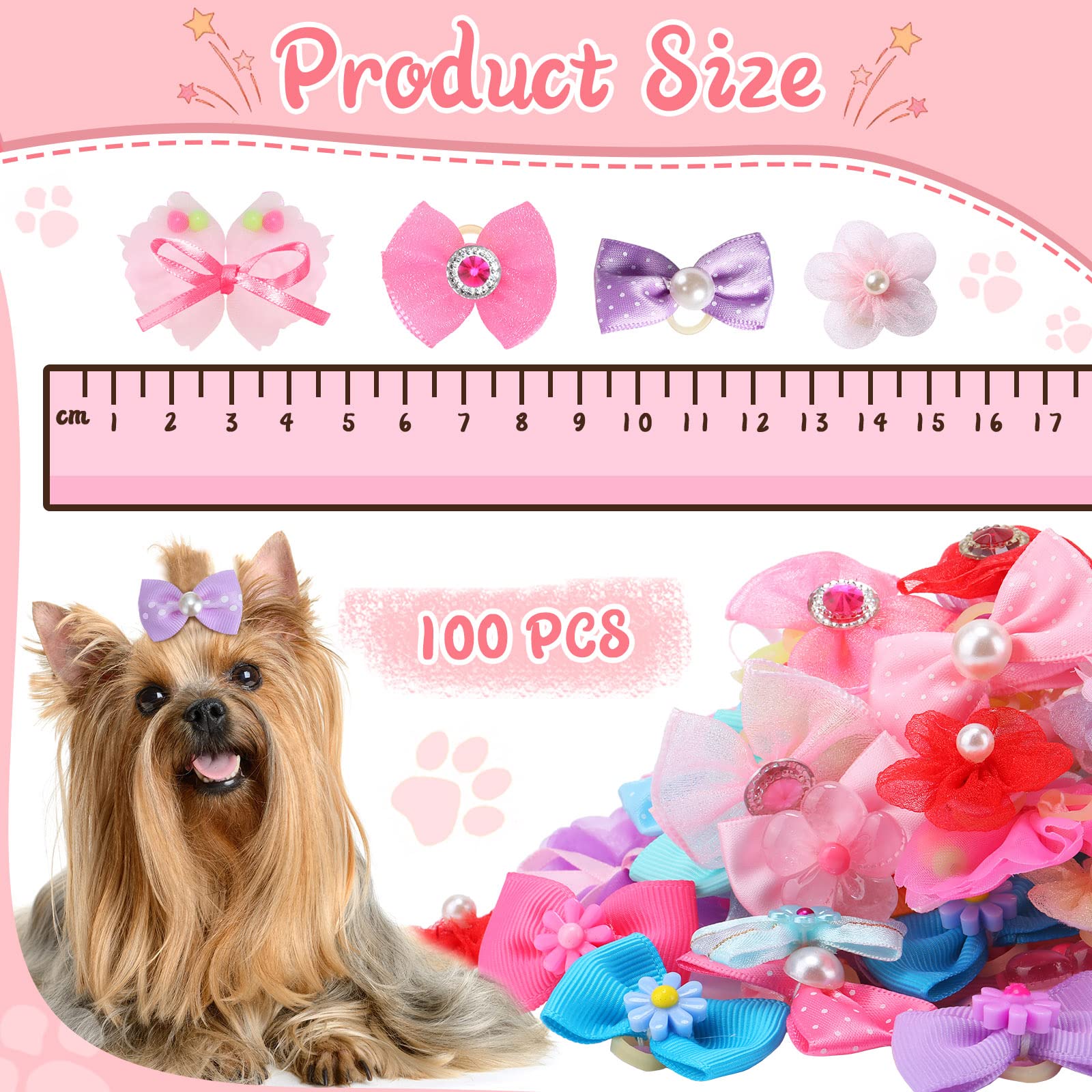 Yunsailing 100 Pcs Christmas Dog Bows Gifts Cute Dog Hair Bows Bulk Handmade Puppy Bowknot Hair Bow With Strong Rubber Bands And Rhinestone Pearls For Pet Dog Lover Present Hair Grooming Accessories