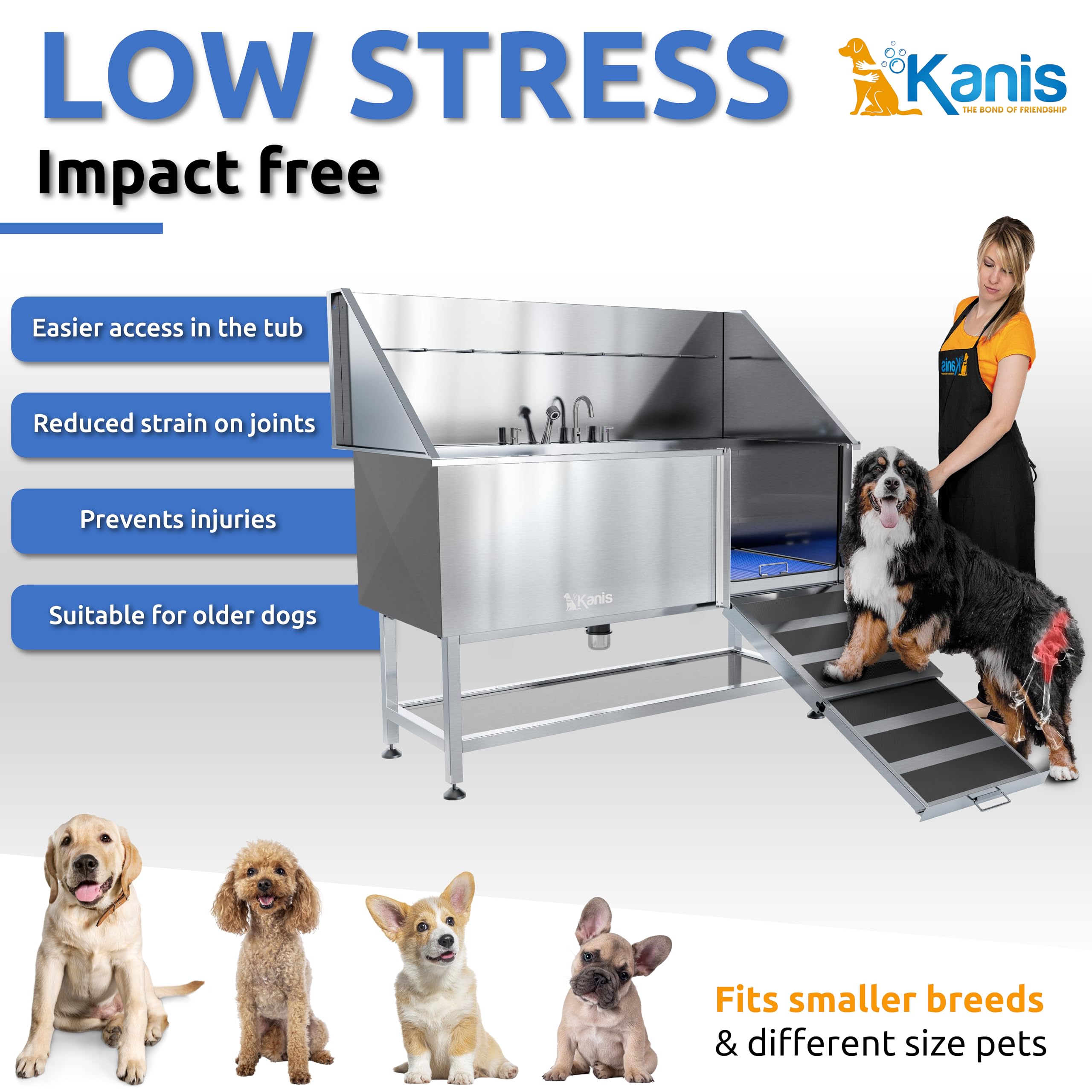 Kanis Professional Stainless Steel Dog Bathing Station - Grooming Tub W/Ramp, Storage Shelf, Floor Grate & Faucet/Dog Bathtub Fo