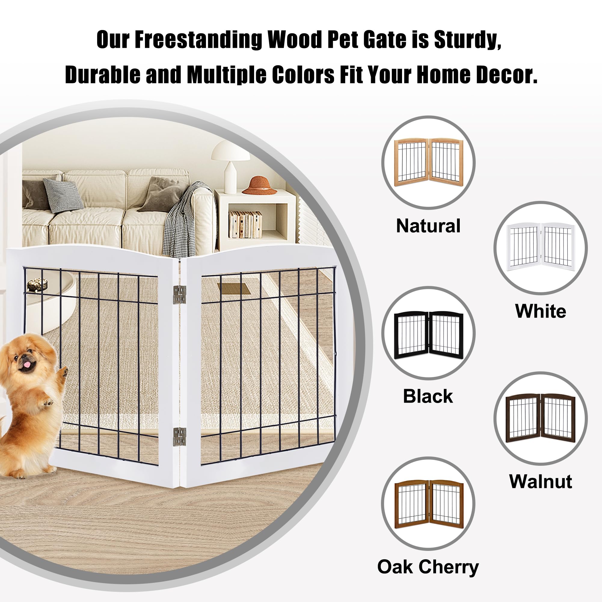 LZRS 2-Panel Freestanding Foldable Wood Dog Gate - Solid Wood & Steel Wire, Chew-Resistant Pet Barrier for Indoor Use, Ideal for