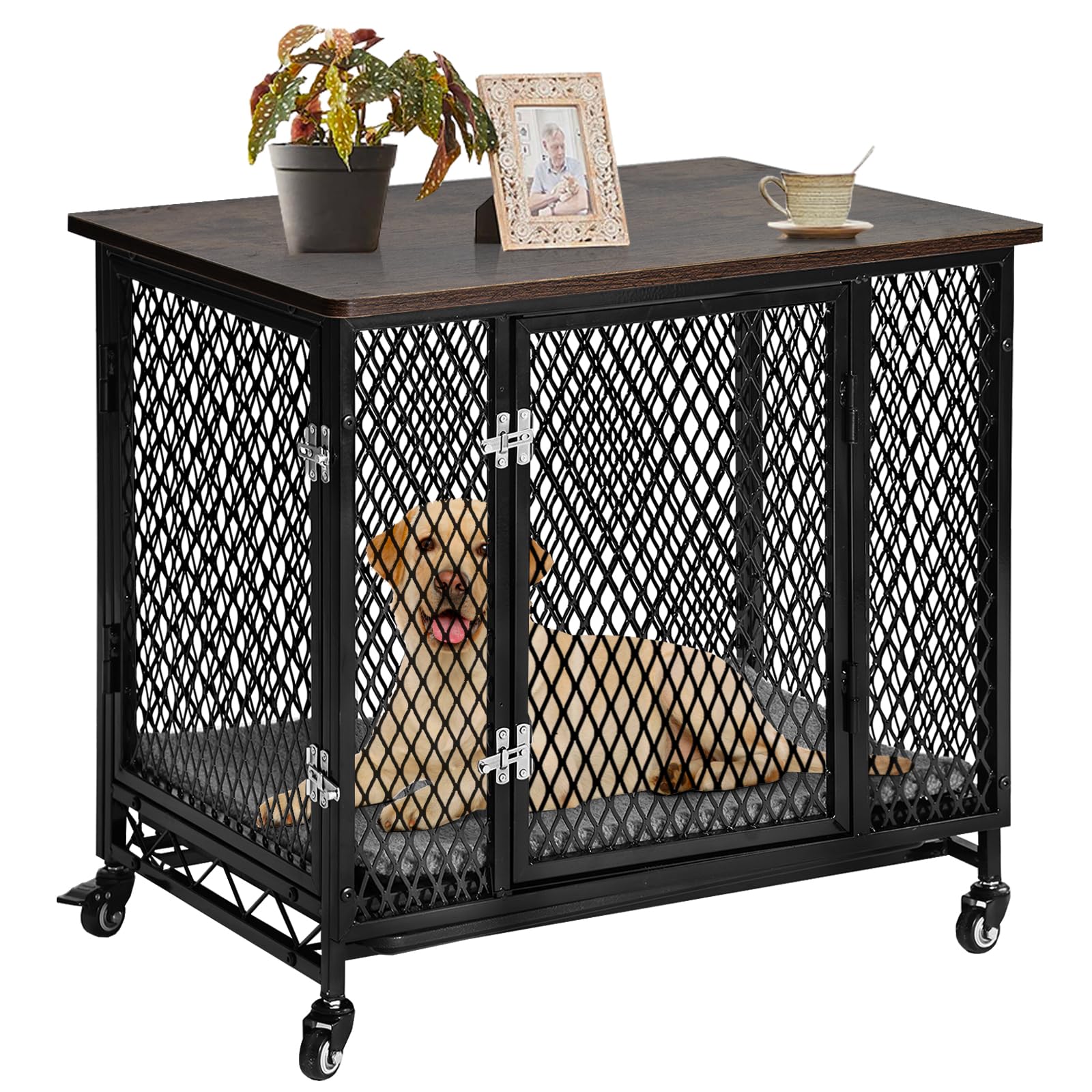 Aivituvin Dog Crate Furniture Movable Side End Table Indoor Dog Kennel For Small Medium Large Dogs Double-Doors Wooden Dog House
