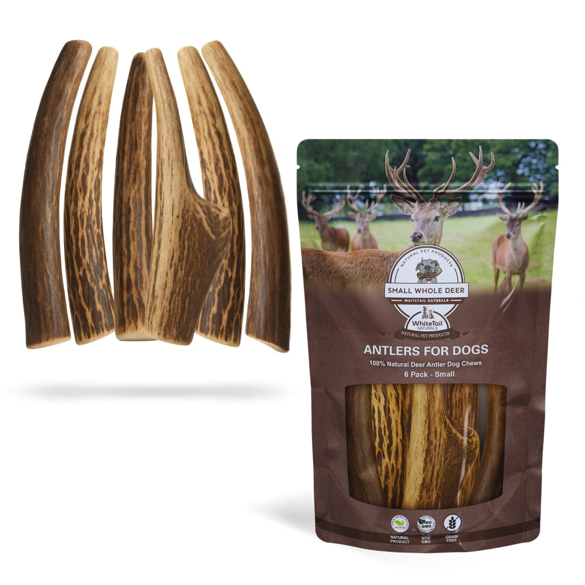WhiteTail Naturals - Antlers for Small Dogs (6 Pack) Deer Antler Dog Chew Bones for Small Aggressive Chewers - Long Lasting Horn