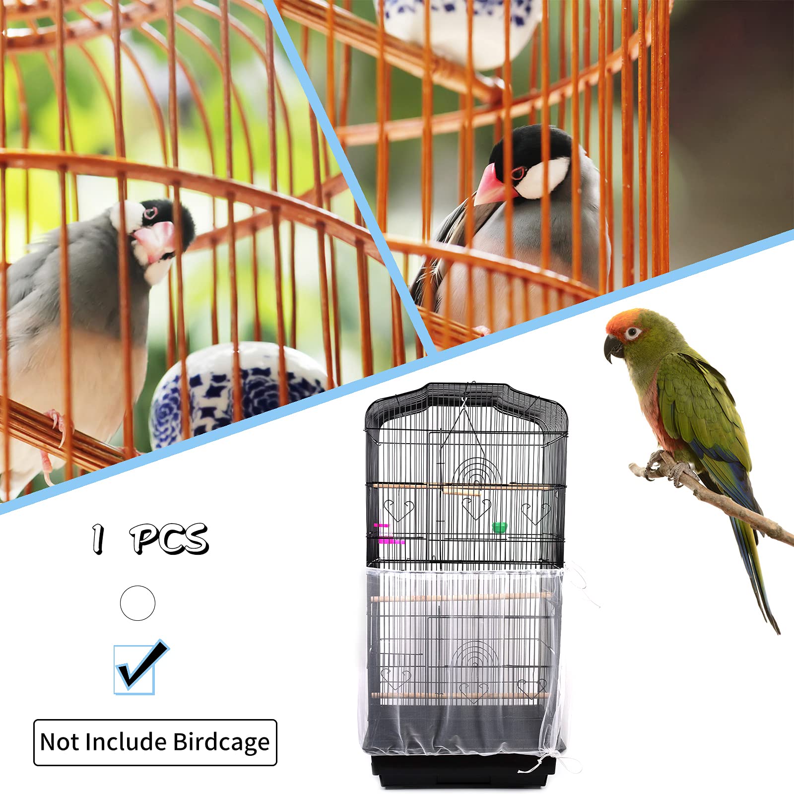 Daoeny Universal Bird Cage Cover, Adjustable Parrot Nylon Airy Soft Mesh Net, Seed Feather Catcher, Birdcage Cover Skirt Sheer Guard For Parakeet Macaw Round Square Cages (White)