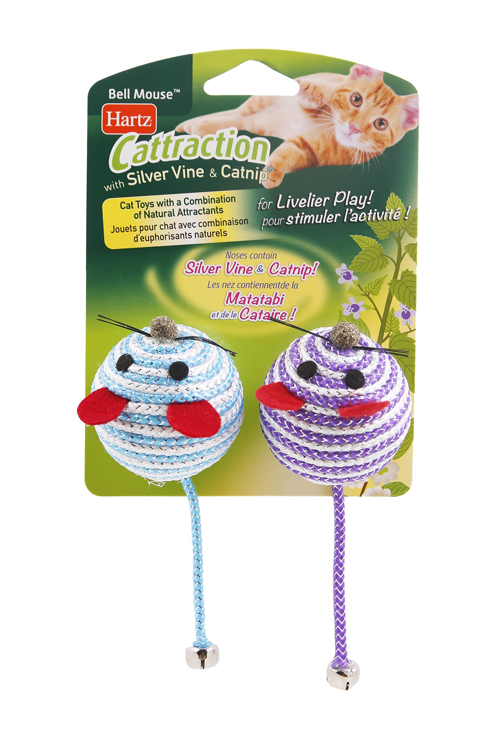 Hartz Cattraction Bell Mouse Cat Toy With Two Silver Vine & Catnip Sisal Mice - 2 Pack, All Breed Sizes