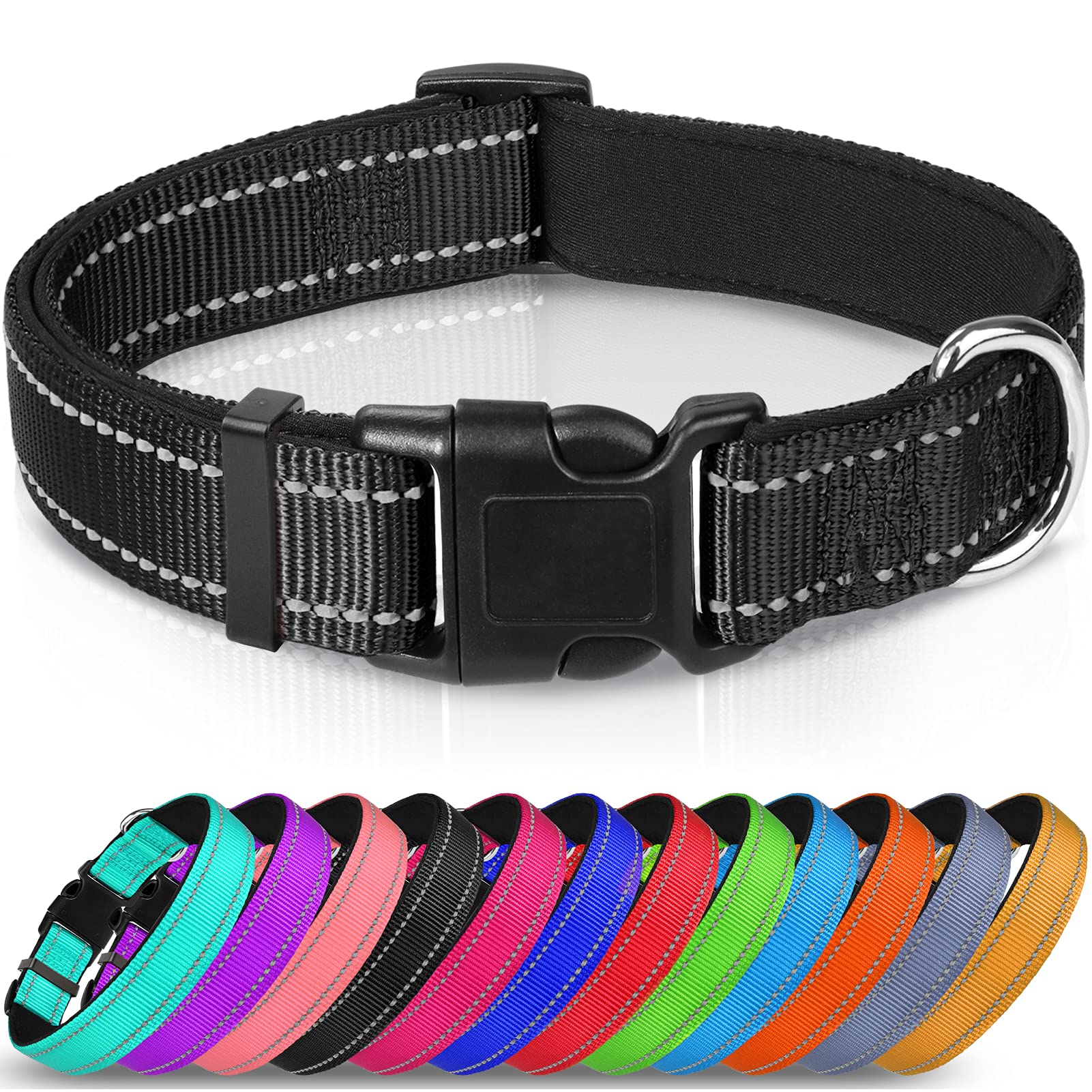 Joytale Reflective Dog Collar,Soft Neoprene Padded Breathable Nylon Pet Collar Adjustable For Extra Large Dogs,Black,Xl