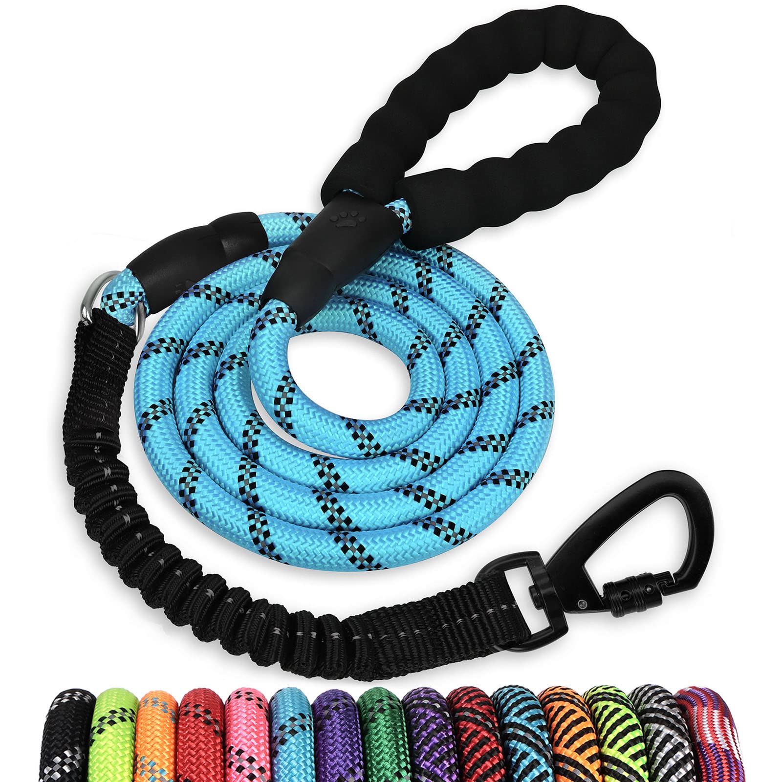 Rope Dog Leash 4 Ft: Heavy Duty Leashes With Swivel Lockable Hook Reflective Threads Bungee And Padded Handle - Dog Lead For Large Small Medium Dogs Outside Walking Hiking Blue