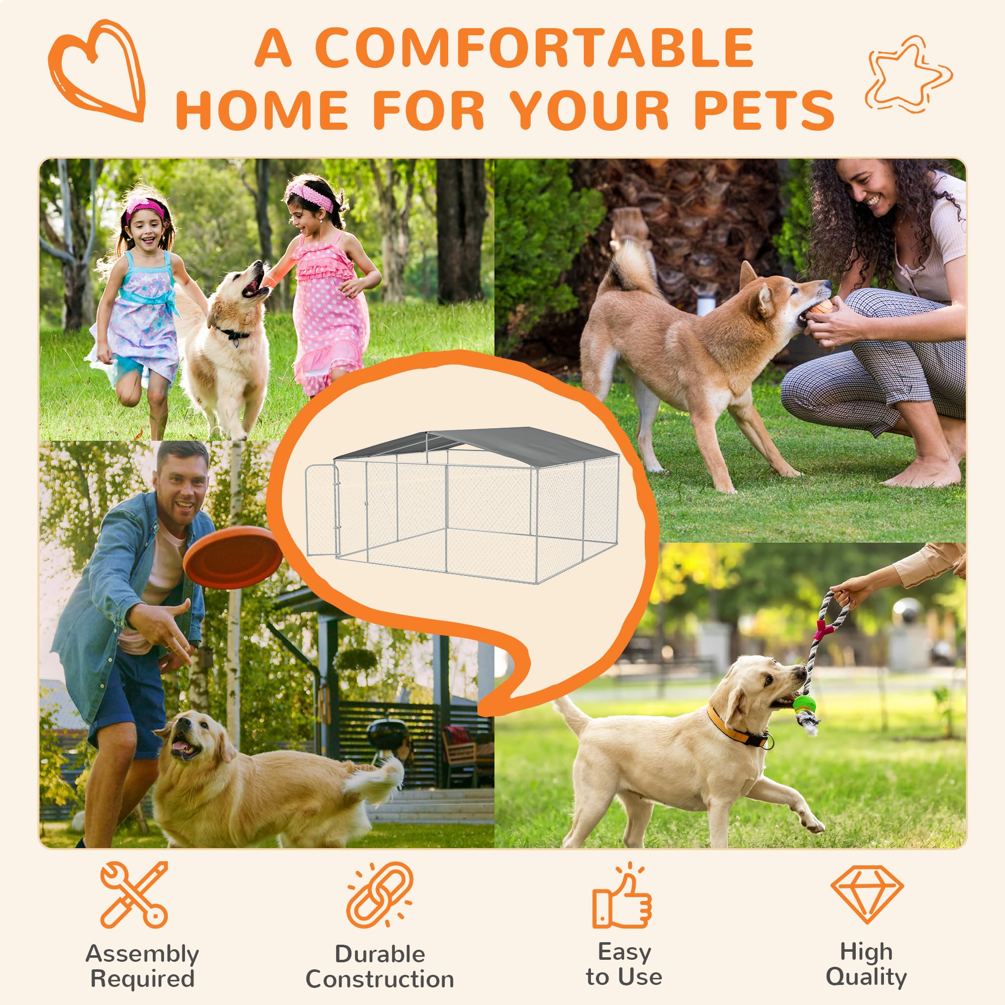 PawHut Dog Kennel Outdoor with Waterproof Canopy, Dog Run with Galvanized Chain Link, Secure Lock, for Backyard and Patio, 13 x