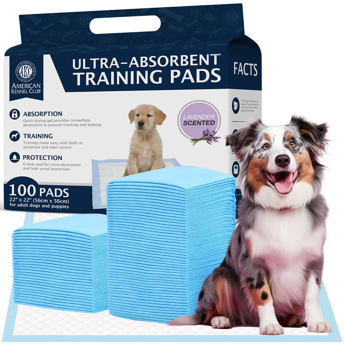 American Kennel Club Scented Puppy Training Pads with Ultra Absorbent Quick Dry Gel - 22 x 22 Pee Pads For Dogs - Lavender Scent