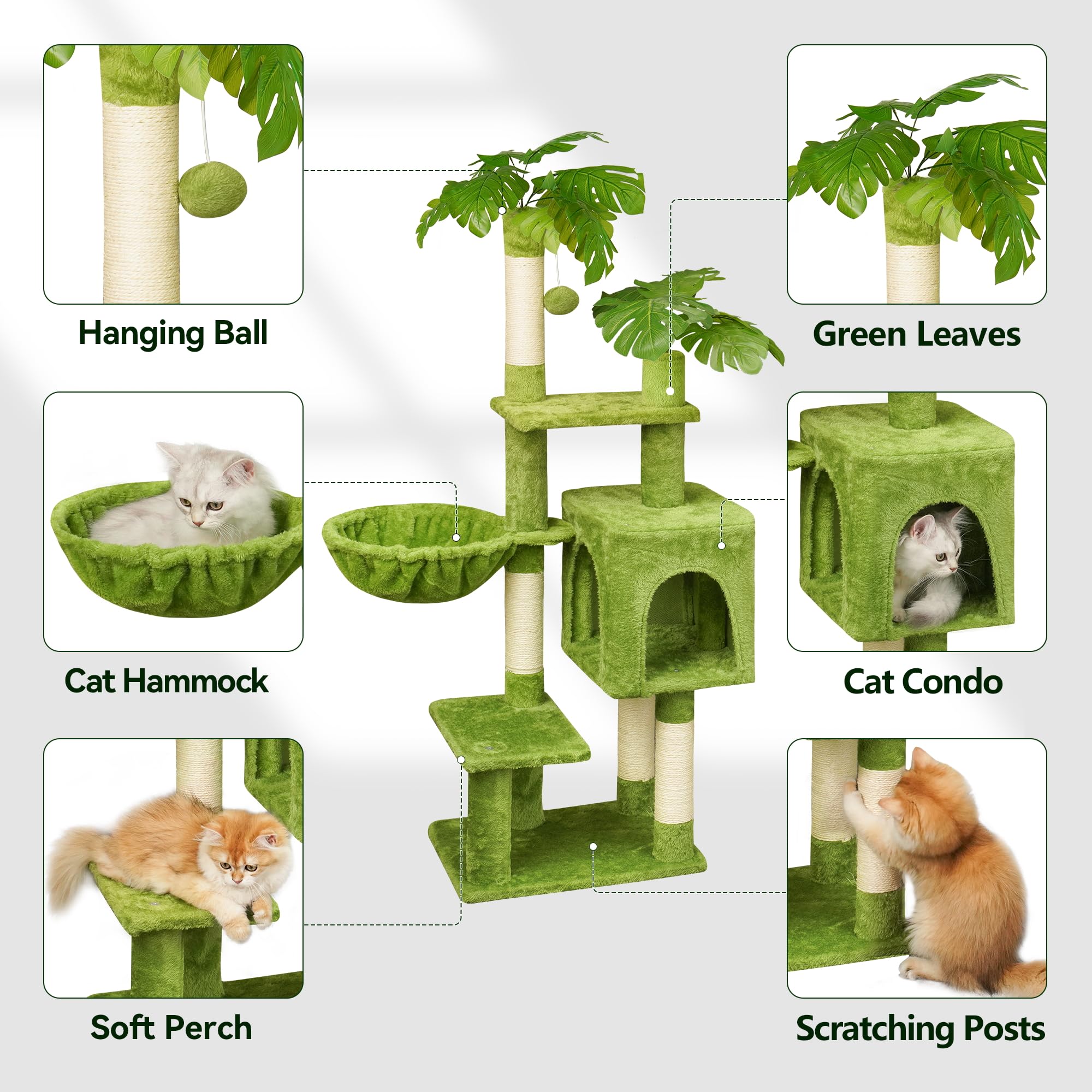 Meecal Green Cat Tree For Kittens Under 6 Months 12Lbs, 47'' Tall For Small Cats,Cat Tower With Scratching Post,1 Hammock & Doub