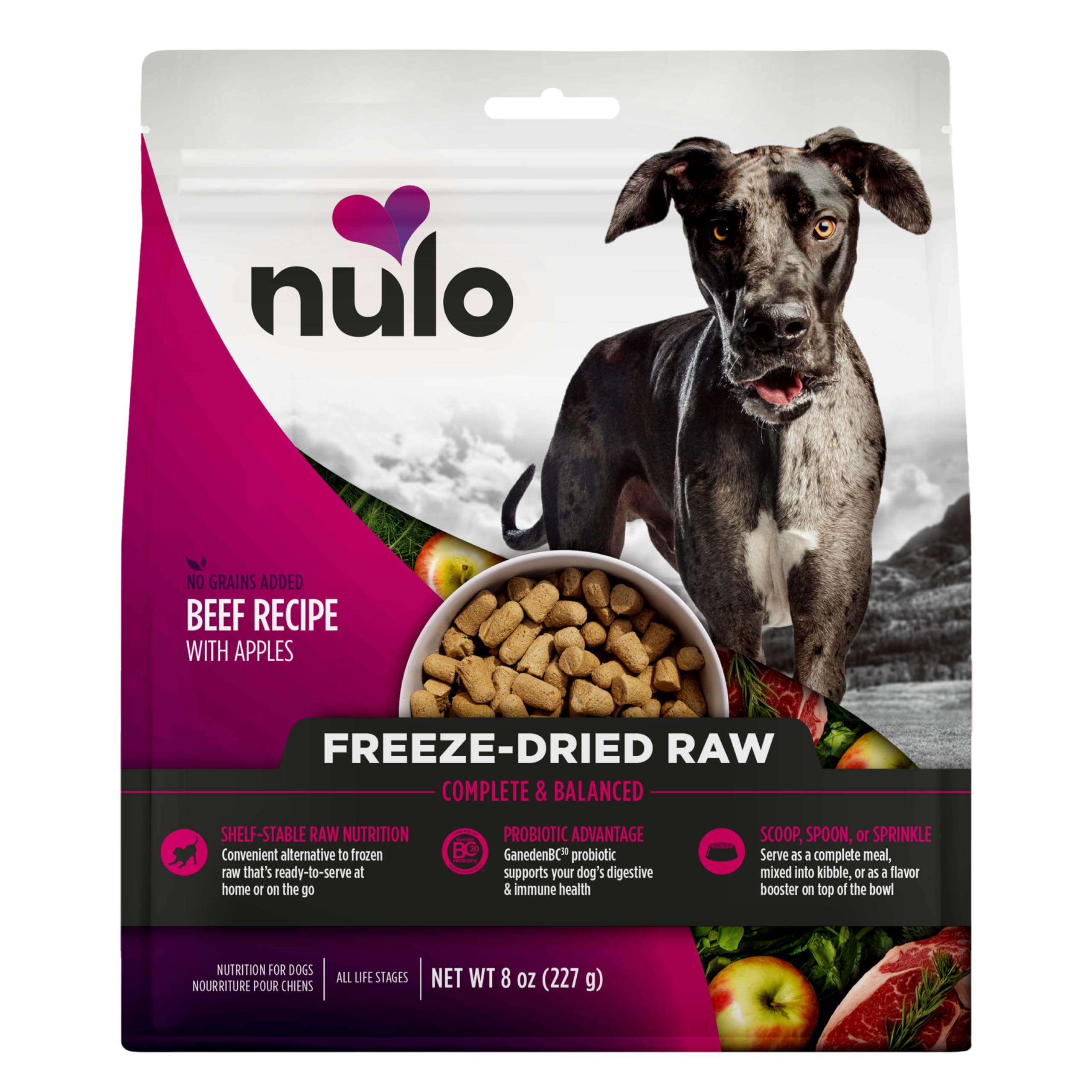 Nulo Freeze-Dried Raw Beef Recipe with Apples Complete and Balanced Dry Dog Food Kibble, 8 Ounce Bag