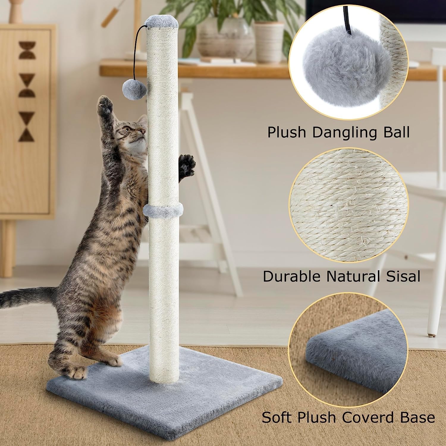 Dimaka 29' Tall Cat Scratching Post For Indoor Cats And Kittens, Cat Activity Scratcher Premium Sisal Rope Scratch Tree With Dangling Ball (Grey)