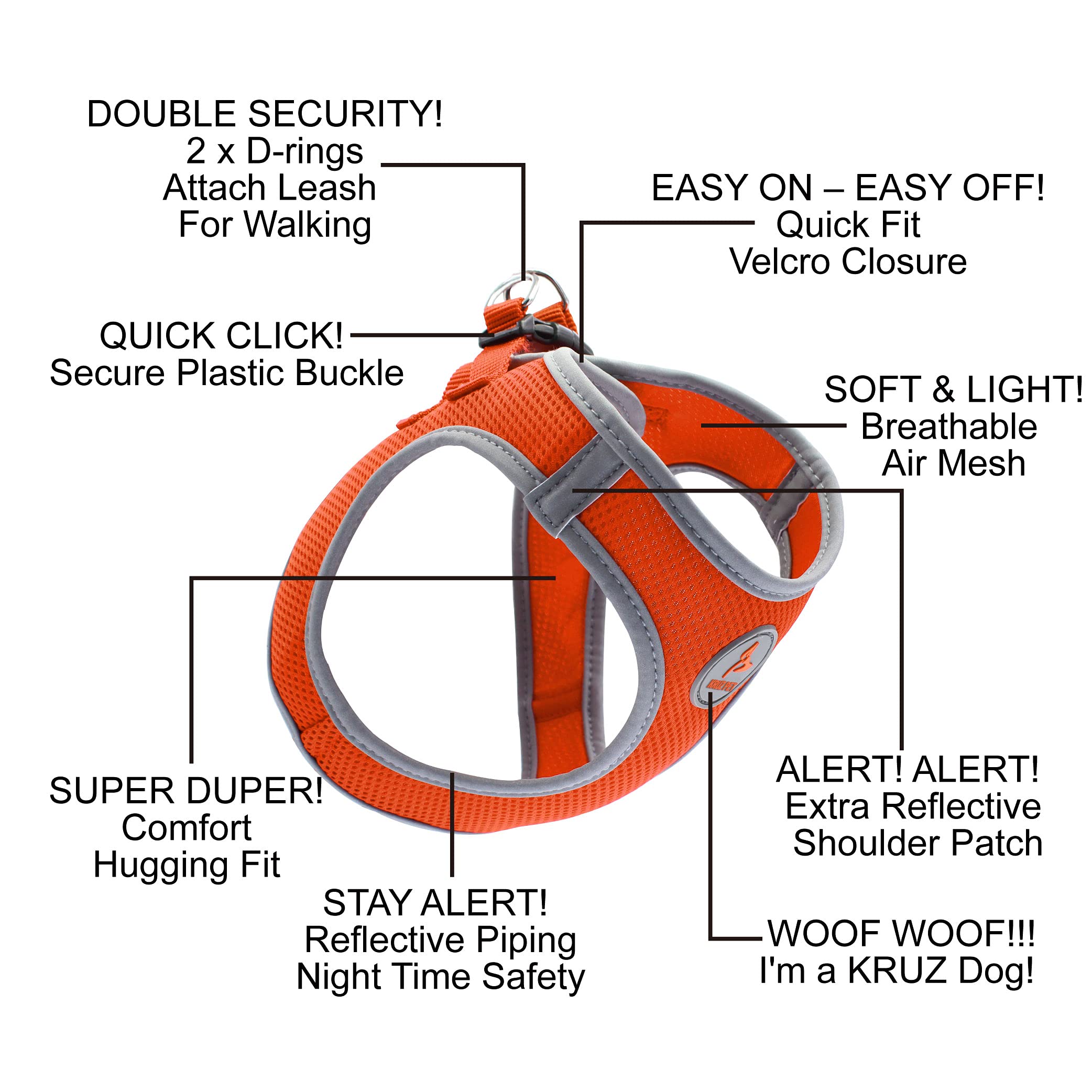 KRUZ PET Reflective Mesh Dog Harness, No Pull, Quick Fit, Large, Orange, Model KZA306-08L