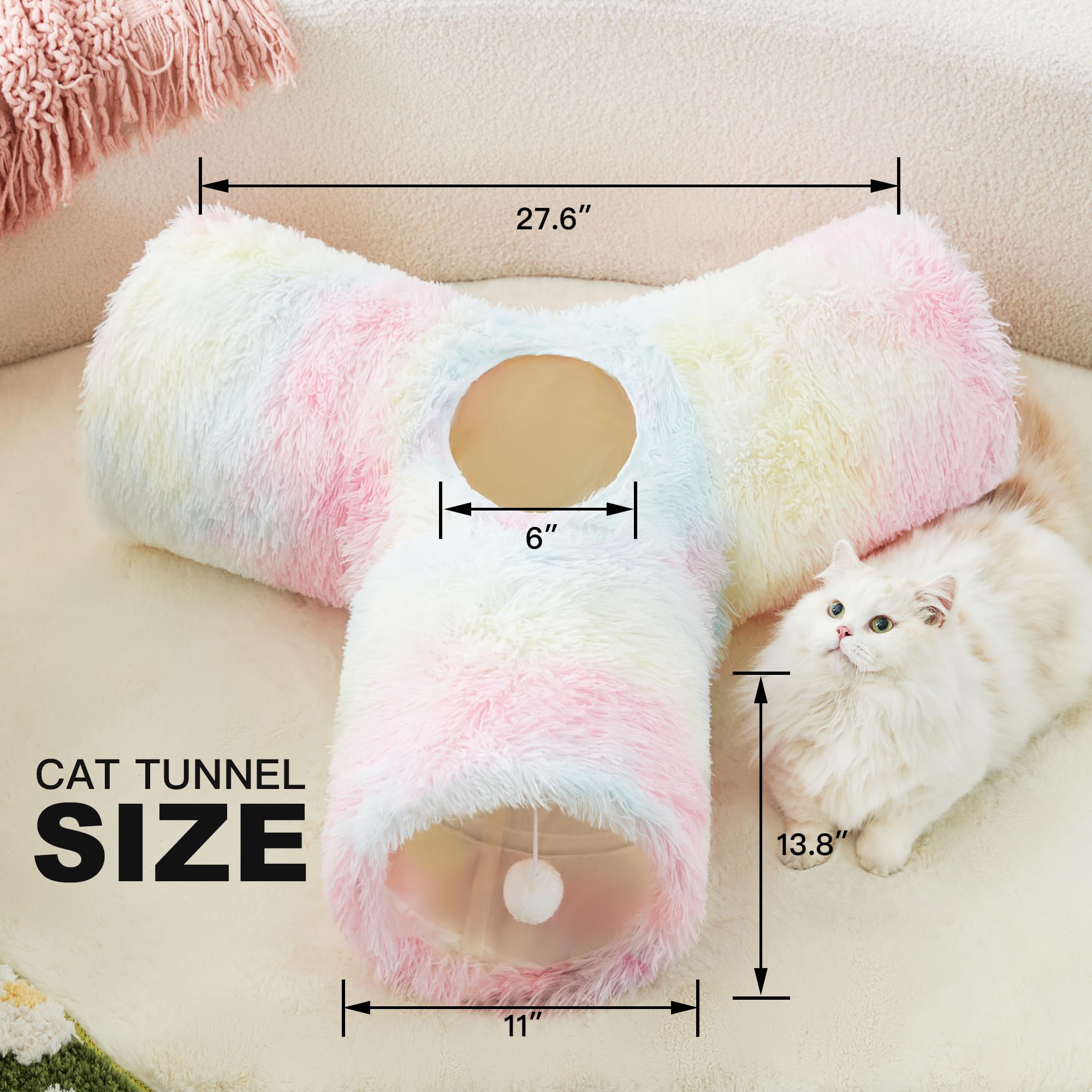 Tempcore Plush Pet Cat Tunnel Tube Cat Toys 3 Way Collapsible, Cat Tunnels For Indoor Cats,Kitty Tunnel Bored Cat Pet Toys Peek Hole Toy Ball Cat, Puppy, Kitty, Kitten, Rabbit Rainbow