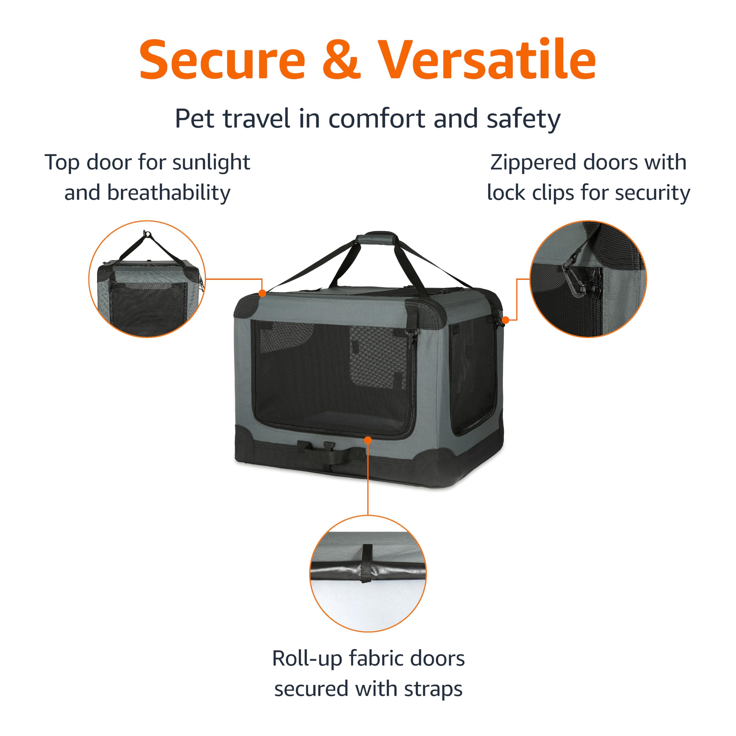 Amazon Basics 4-Doors Portable Soft-Sided Folding Travel Crate Kennel For Cat, Dog, And Other Small Animals, Grey, M 30'' X 21''