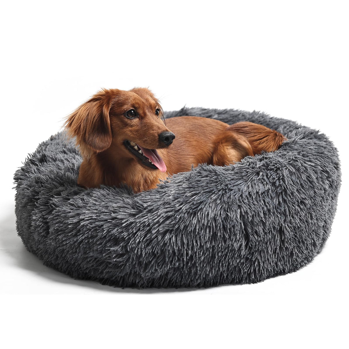 Round Calming Dog Beds For Medium Dogs 30 Inches Anti-Slip Donut Washable Plush Faux Fur Pet Bed Fits Up To 45 Lbs Pets,Dark Gray
