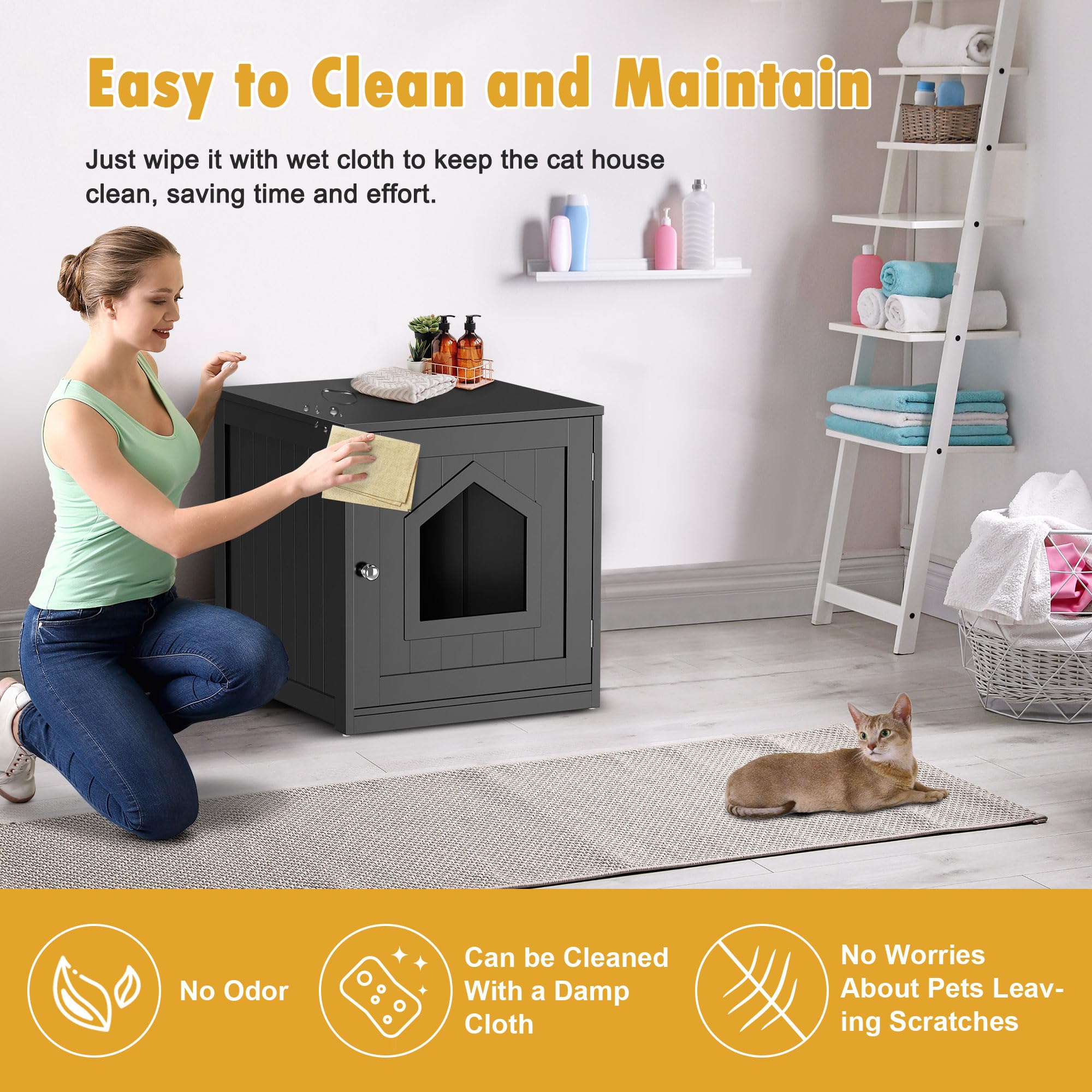 Nova Microdermabrasion Cat Litter Box Enclosure Hidden Kitty Litter Box Furniture Indoor Cat Box Cabinet Cat House & Side Table Nightstand Cat Washroom (Black)