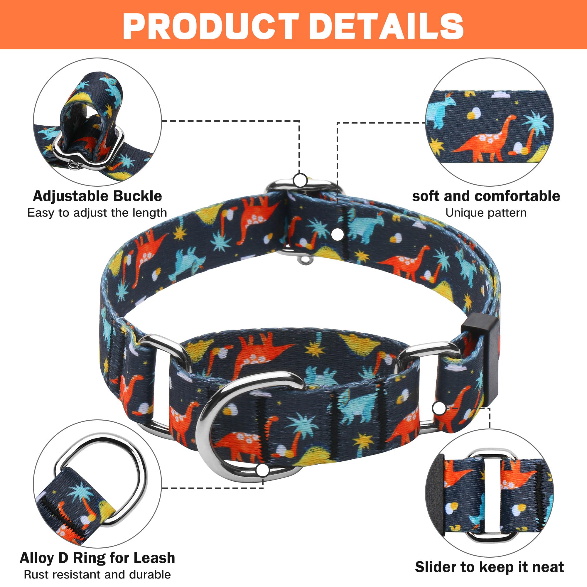 Hikiko Martingale Collar For Dogs With No Buckle Boy Male No Pull Dog Collars For Large Dogs,Dinosaur,L