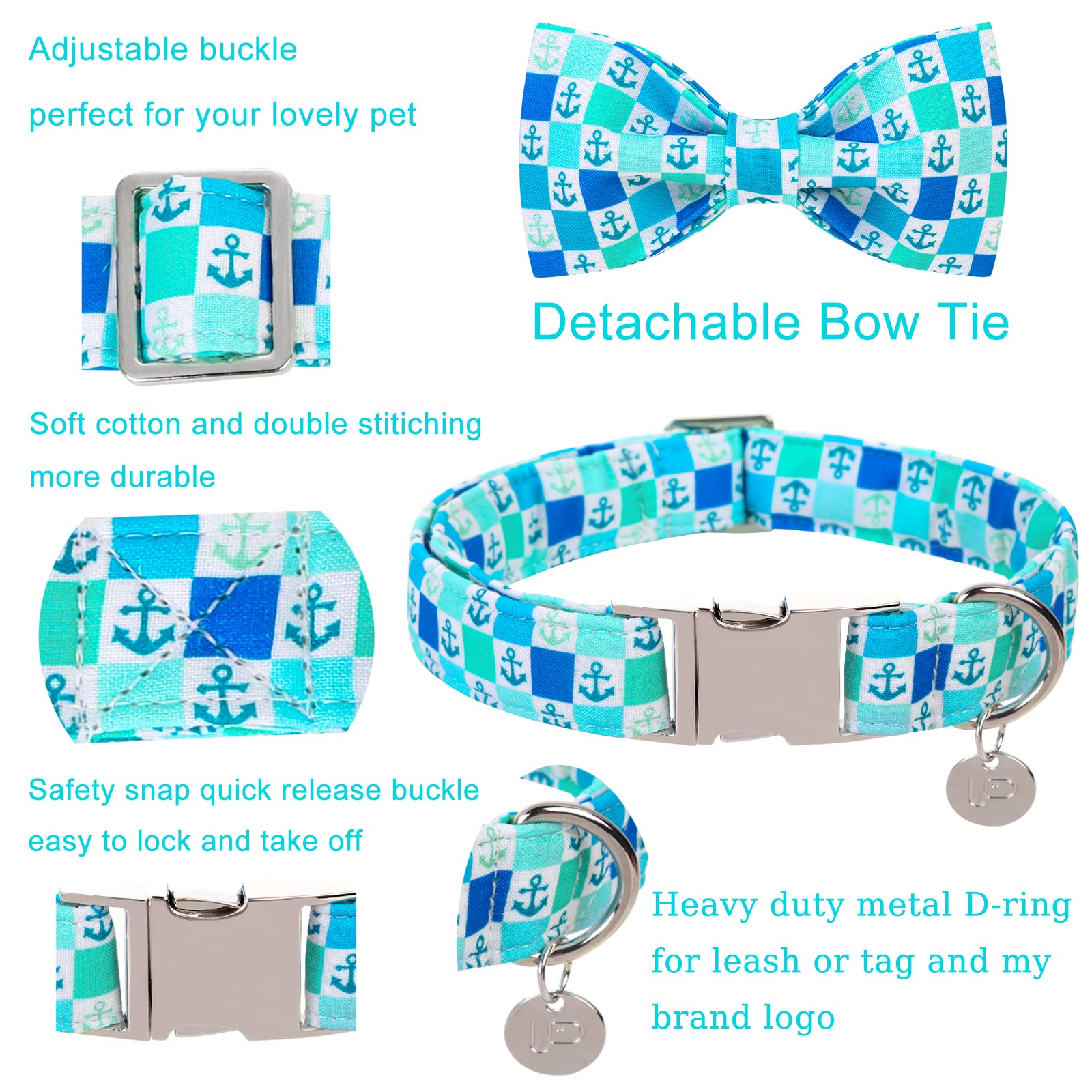 Up Urara Pup Dog Collar With Bow Tie, Comfortable Cotton Summer Dog Bowtie Collar, Durable Metal Buckle Cute Pet Collar For Medi