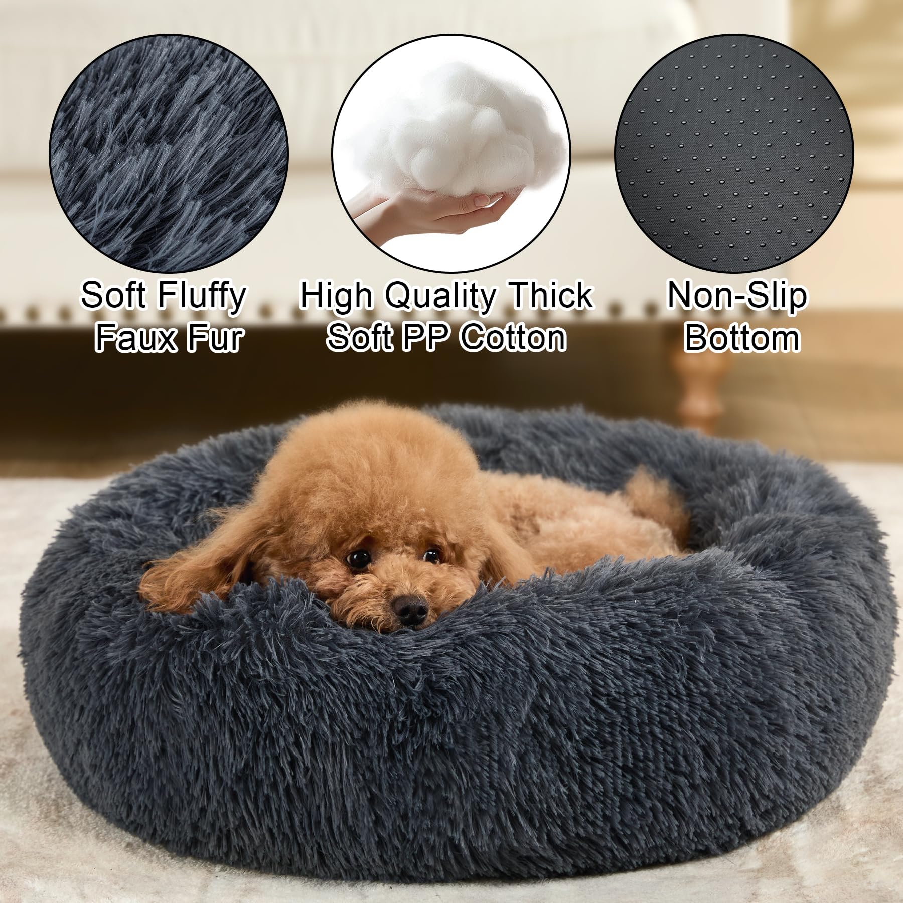 Kimpets Calming Donut Dog Beds For Small Medium Large Dogs - Round Washable Dog Bed, Anti-Slip Faux Fur Fluffy Donut Cuddler Anx