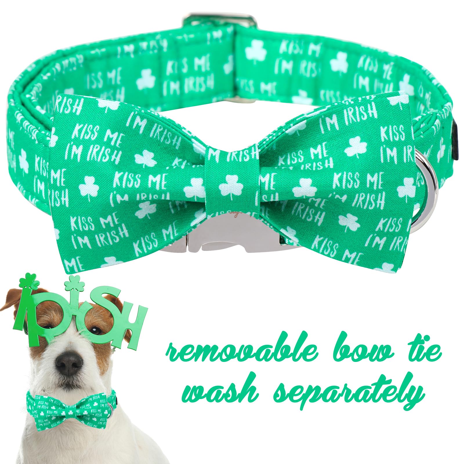 Unique Style Paws St. Patrick'S Dog Collar With Bow Green Clover Dog Collar Bowtie Collar For Large Medium Small Dogs