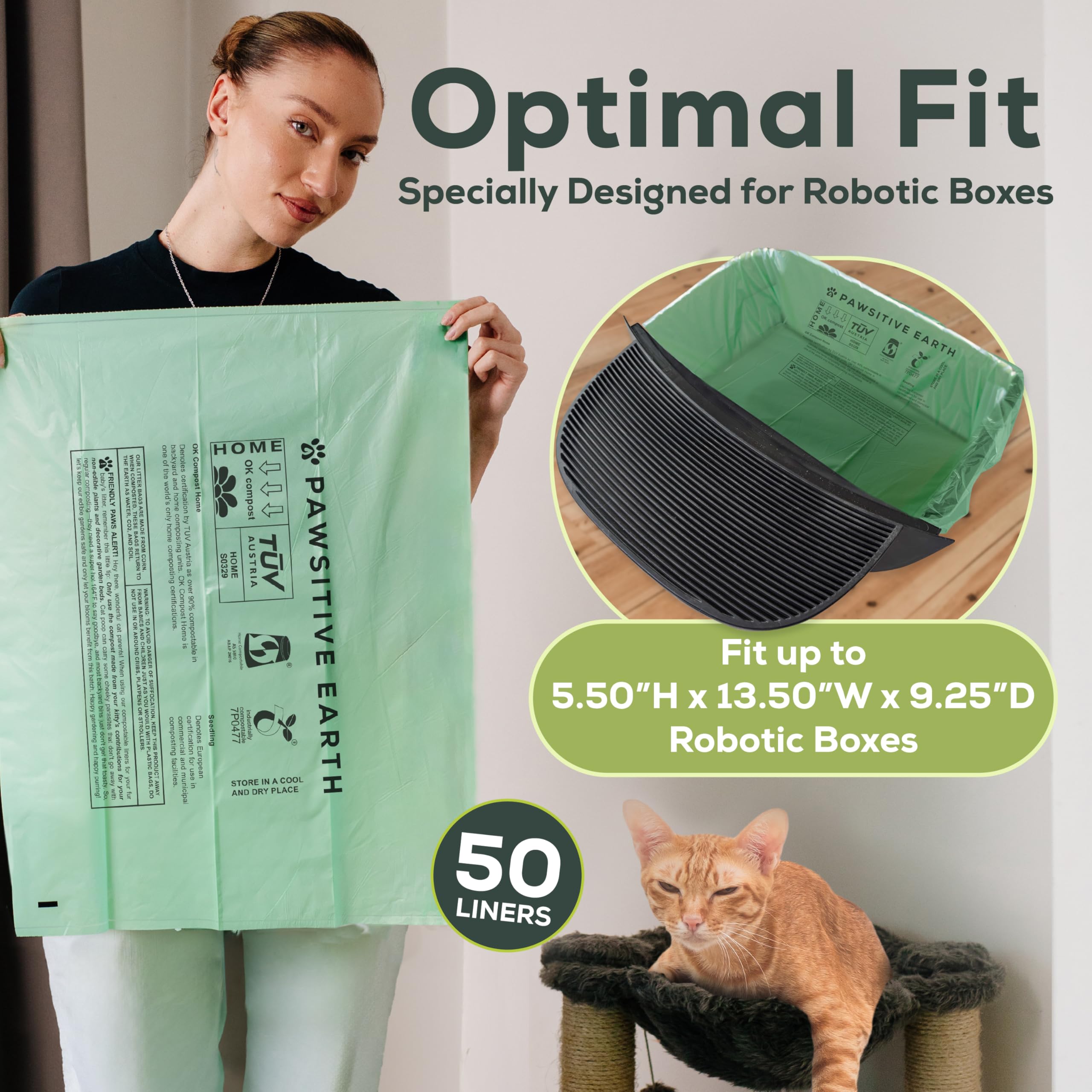 Cat Litter Box Liner 100% Compostable - Drawstring Close - Jumbo Size 36'' X 19'' - Tear & Leak Resistant - Ok Compost Home Cert